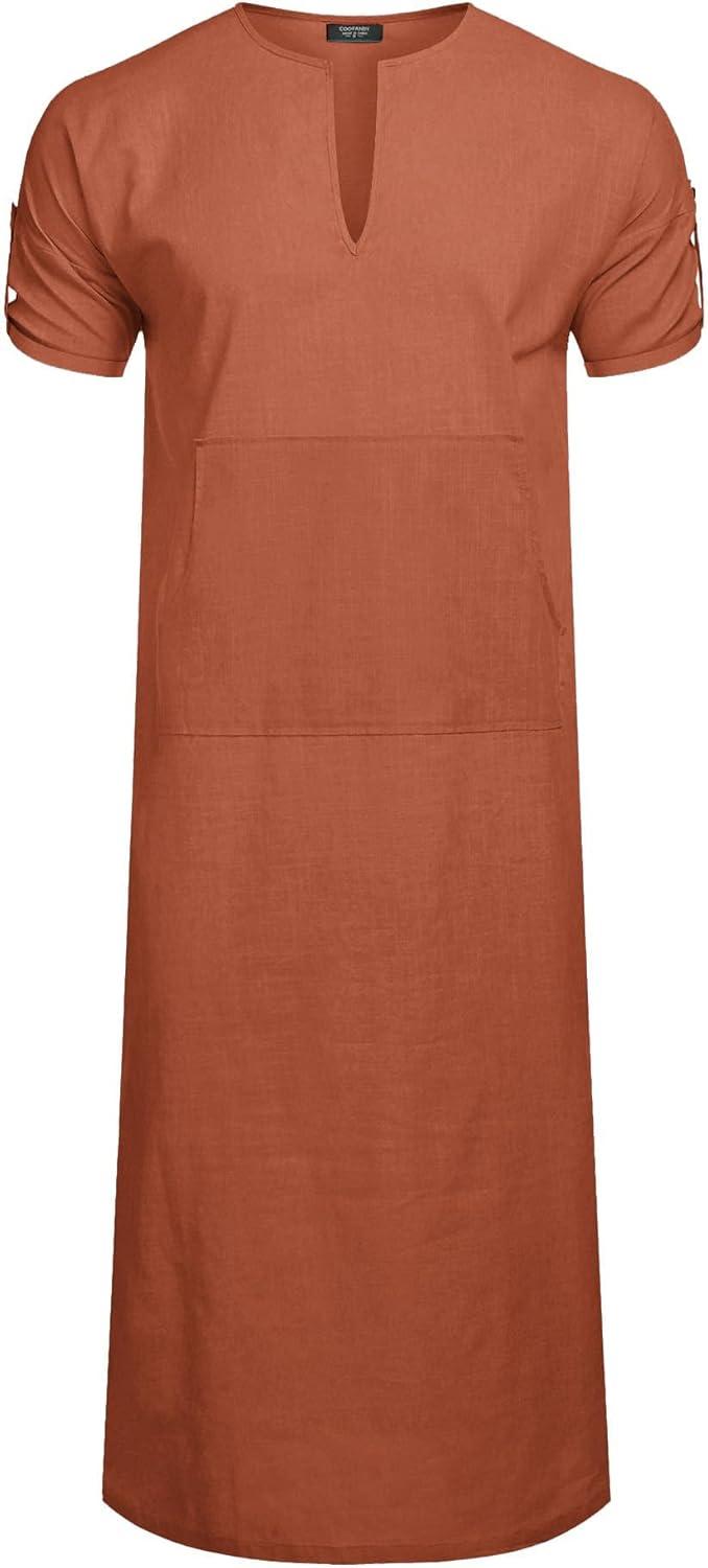 imageCOOFANDY Mens VNeck Linen Robe Short Sleeve Kaftan Thobe Long Gown Casual Shirt for Beach SummerLight Brown