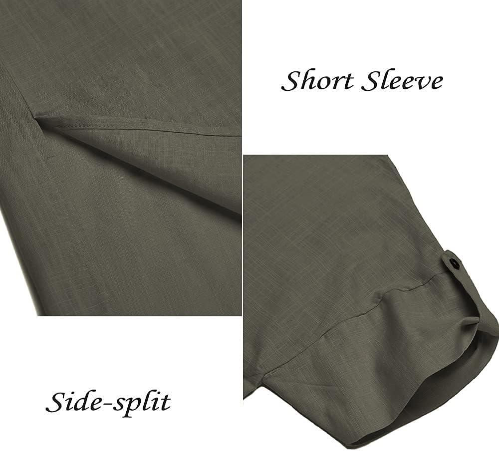 imageCOOFANDY Mens VNeck Linen Robe Short Sleeve Kaftan Thobe Long Gown Casual Shirt for Beach SummerOlive Green