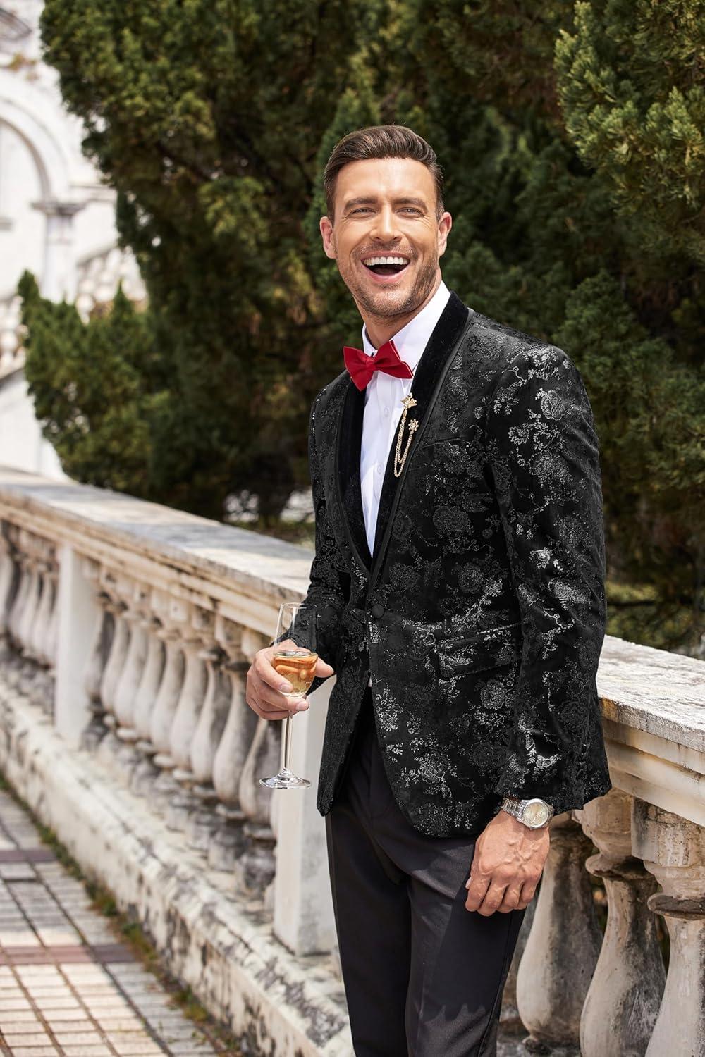 imageCOOFANDY Mens Velvet Tuxedo Floral Blazer Jacket One Button Shawl Lapel Suit Jacket for Dinner Prom Party WeddingAblack