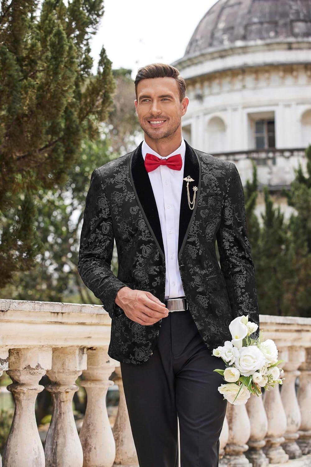 imageCOOFANDY Mens Velvet Tuxedo Floral Blazer Jacket One Button Shawl Lapel Suit Jacket for Dinner Prom Party WeddingAblack