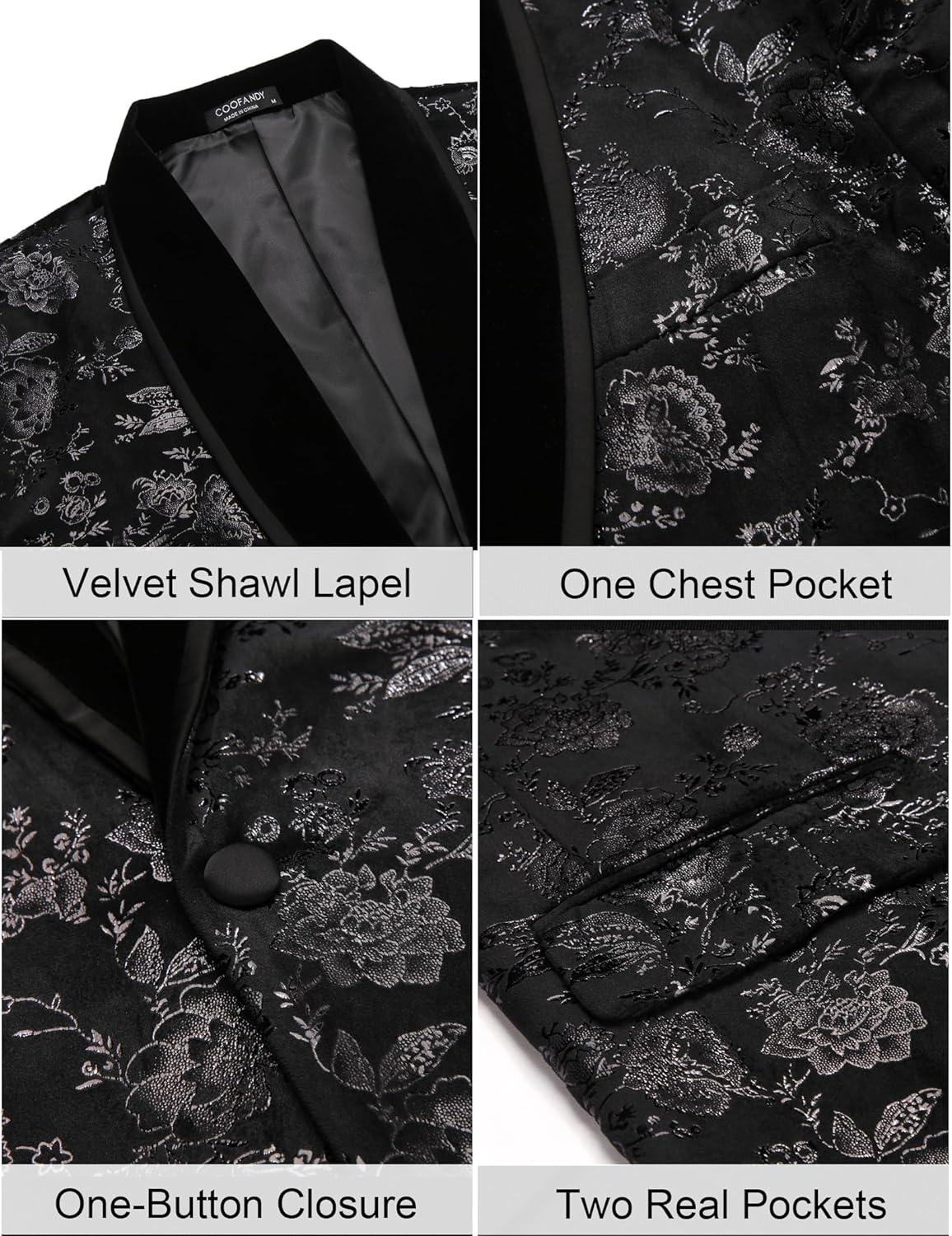 imageCOOFANDY Mens Velvet Tuxedo Floral Blazer Jacket One Button Shawl Lapel Suit Jacket for Dinner Prom Party WeddingAblack