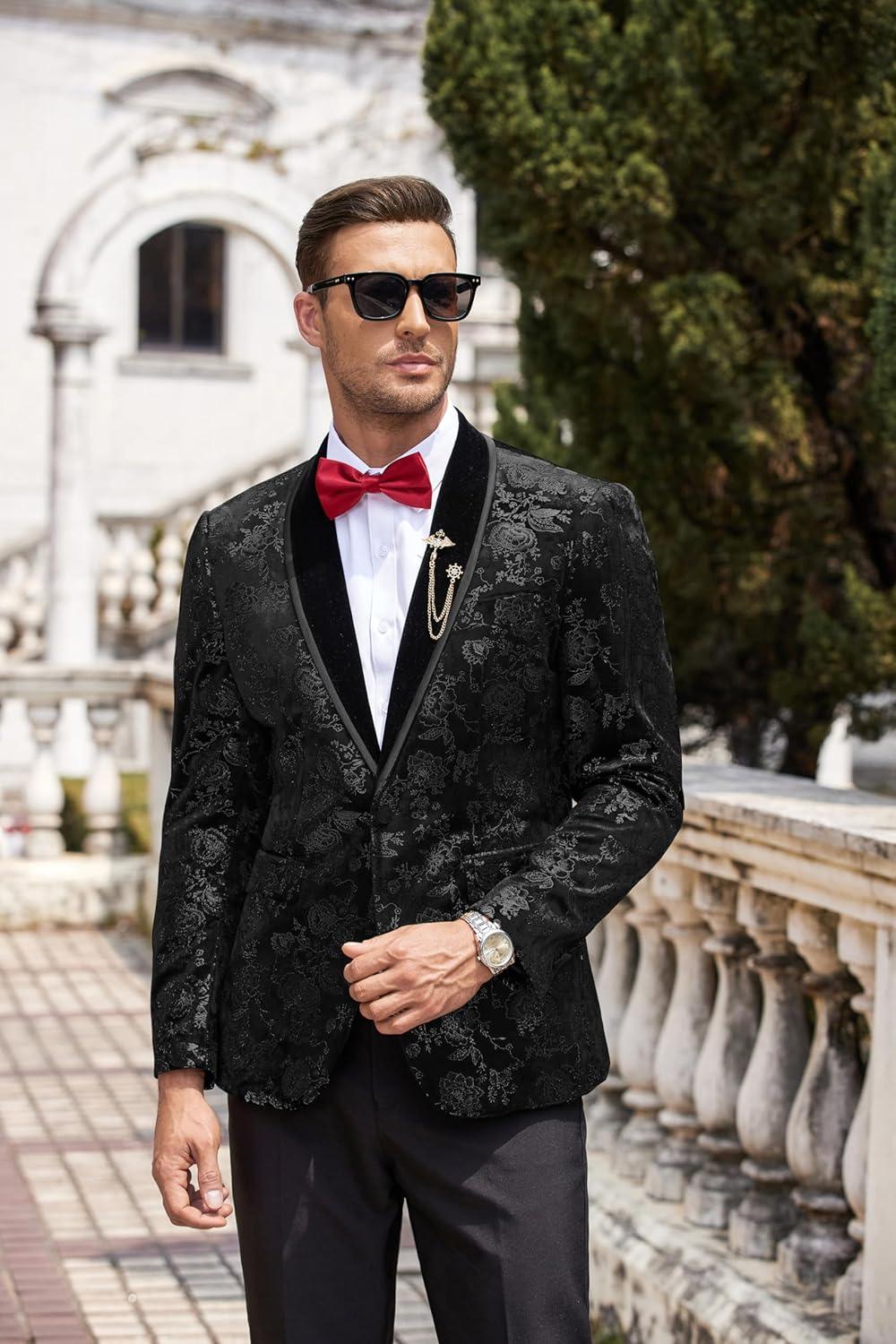 imageCOOFANDY Mens Velvet Tuxedo Floral Blazer Jacket One Button Shawl Lapel Suit Jacket for Dinner Prom Party WeddingAblack