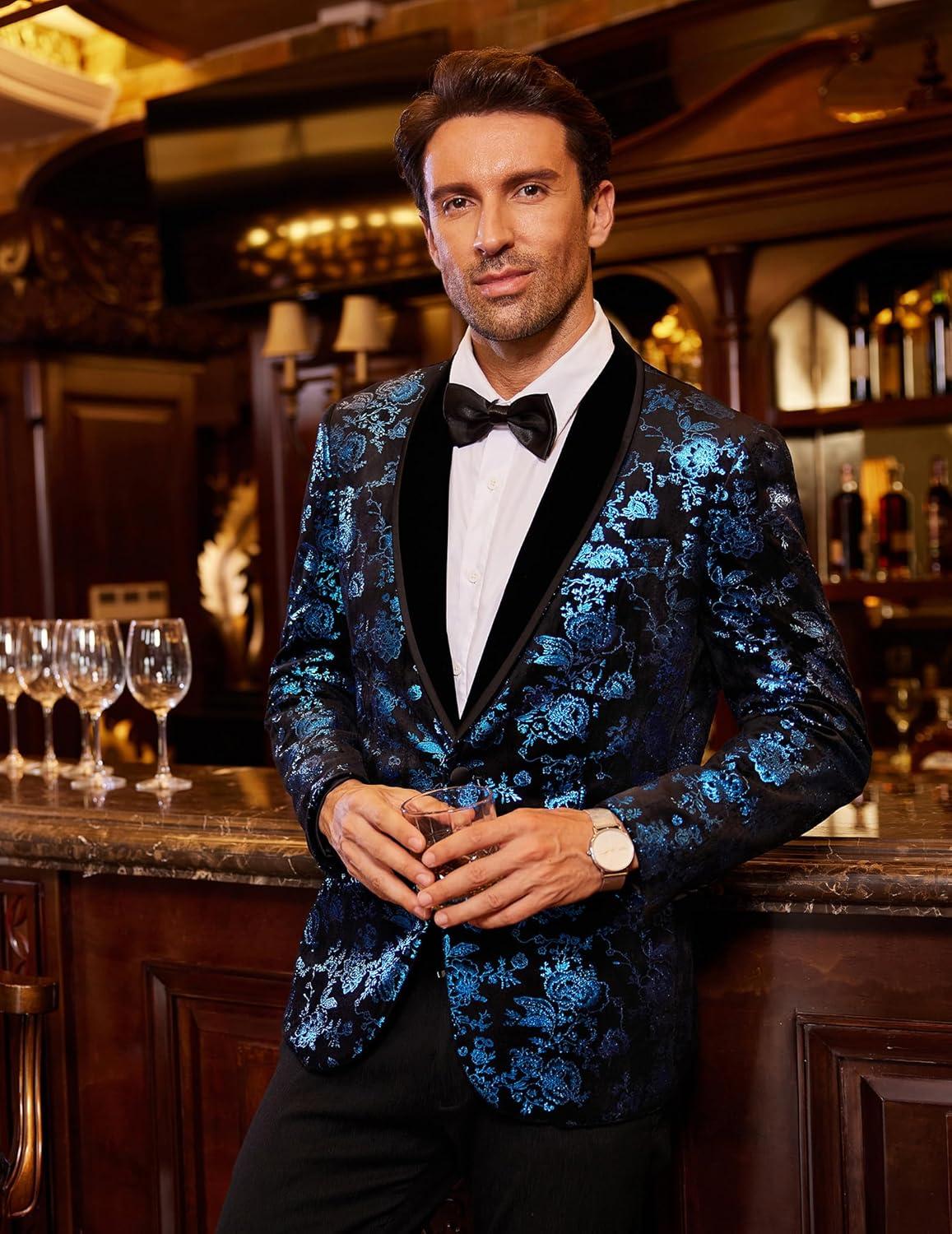 imageCOOFANDY Mens Velvet Tuxedo Floral Blazer Jacket One Button Shawl Lapel Suit Jacket for Dinner Prom Party WeddingBlue