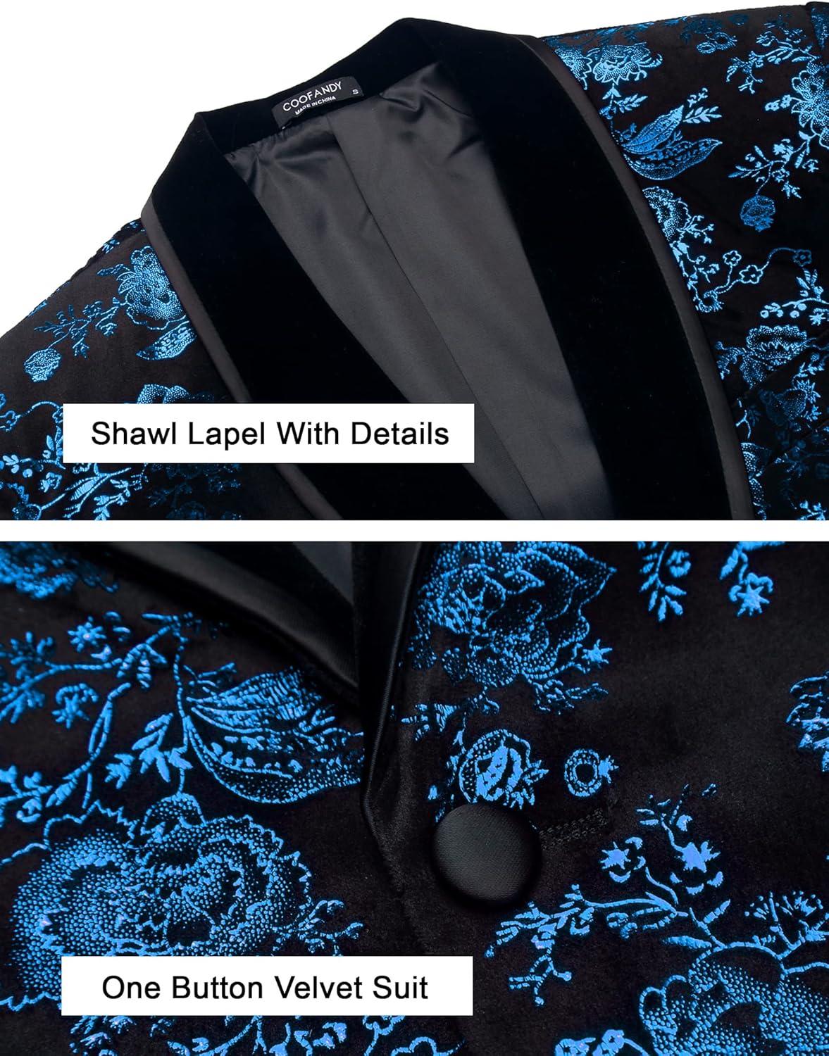 imageCOOFANDY Mens Velvet Tuxedo Floral Blazer Jacket One Button Shawl Lapel Suit Jacket for Dinner Prom Party WeddingBlue