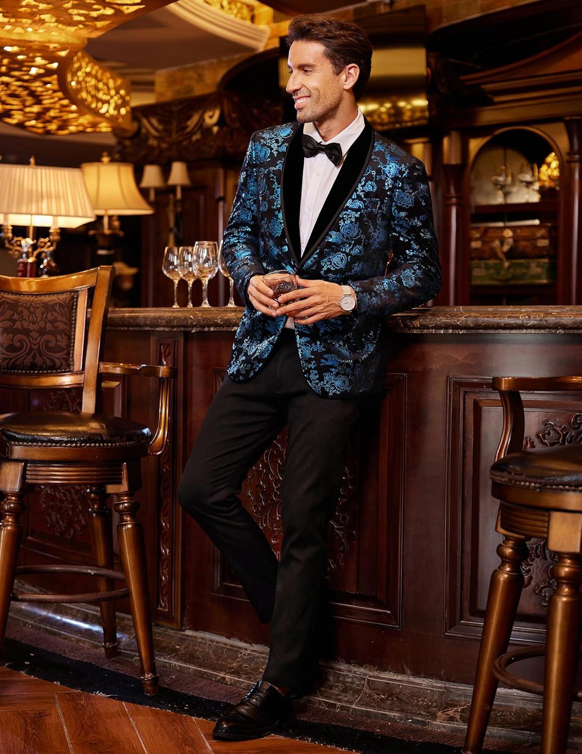 imageCOOFANDY Mens Velvet Tuxedo Floral Blazer Jacket One Button Shawl Lapel Suit Jacket for Dinner Prom Party WeddingBlue