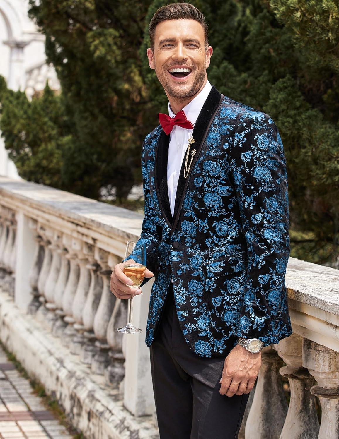 imageCOOFANDY Mens Velvet Tuxedo Floral Blazer Jacket One Button Shawl Lapel Suit Jacket for Dinner Prom Party WeddingBlue