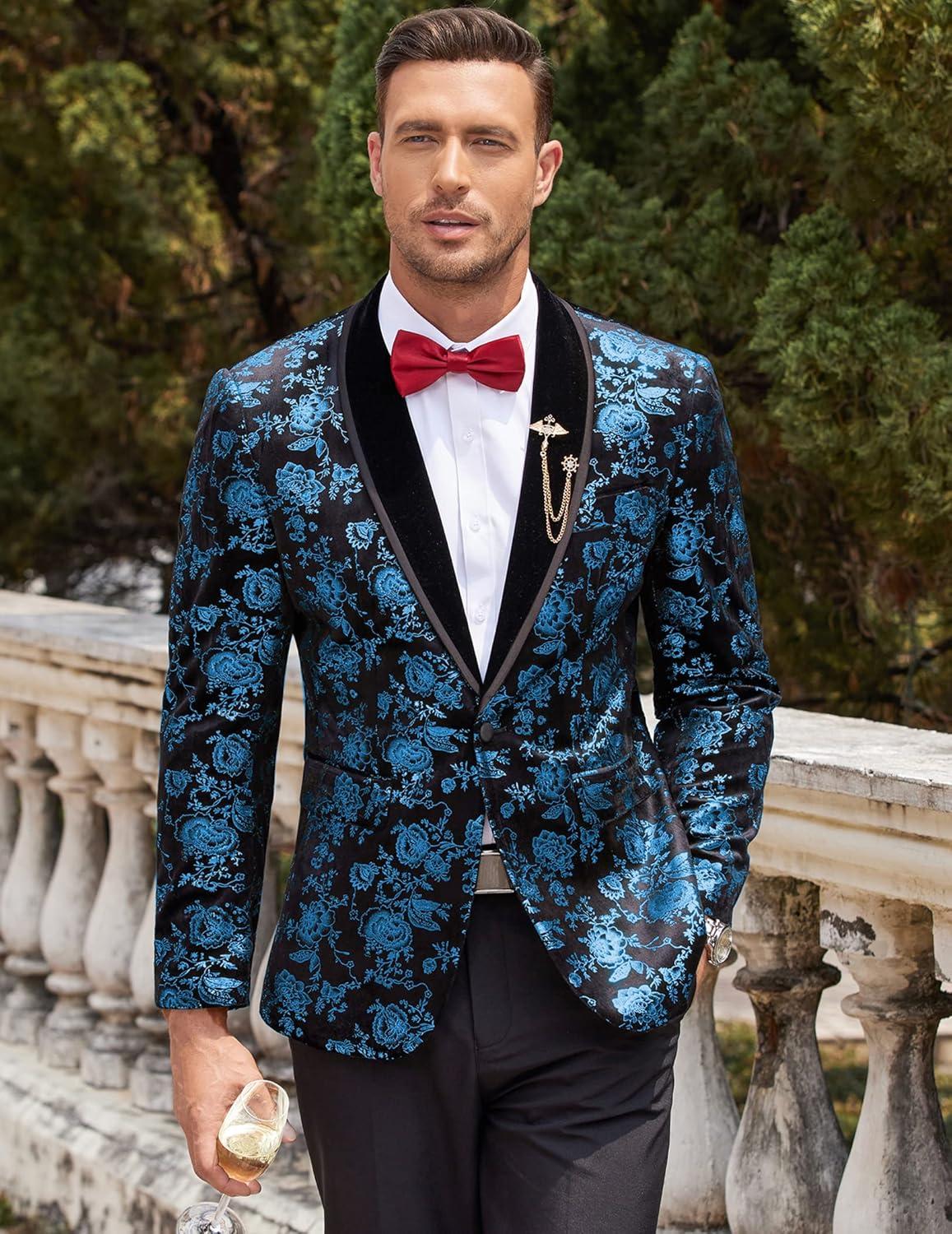 imageCOOFANDY Mens Velvet Tuxedo Floral Blazer Jacket One Button Shawl Lapel Suit Jacket for Dinner Prom Party WeddingBlue