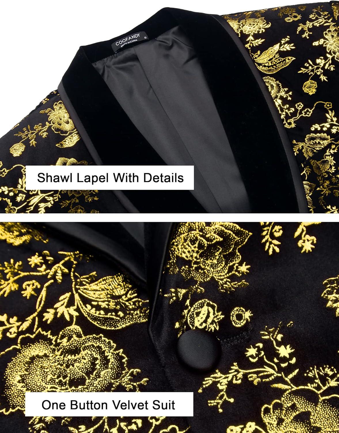 imageCOOFANDY Mens Velvet Tuxedo Floral Blazer Jacket One Button Shawl Lapel Suit Jacket for Dinner Prom Party WeddingGolden