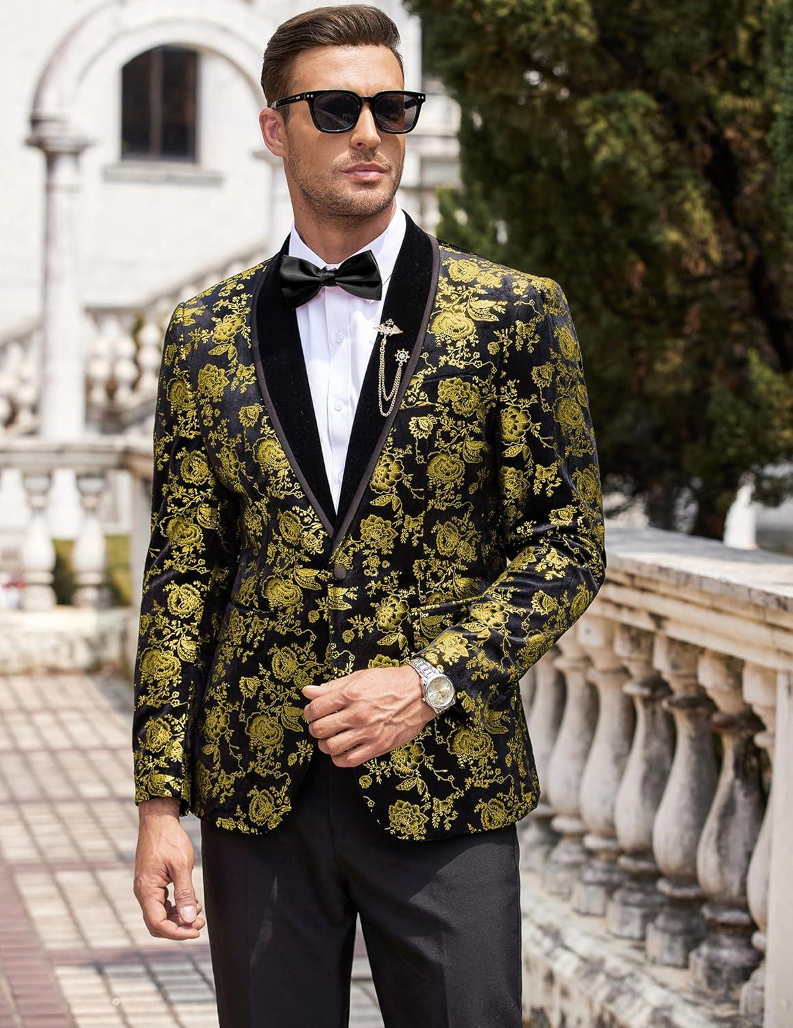 imageCOOFANDY Mens Velvet Tuxedo Floral Blazer Jacket One Button Shawl Lapel Suit Jacket for Dinner Prom Party WeddingGolden