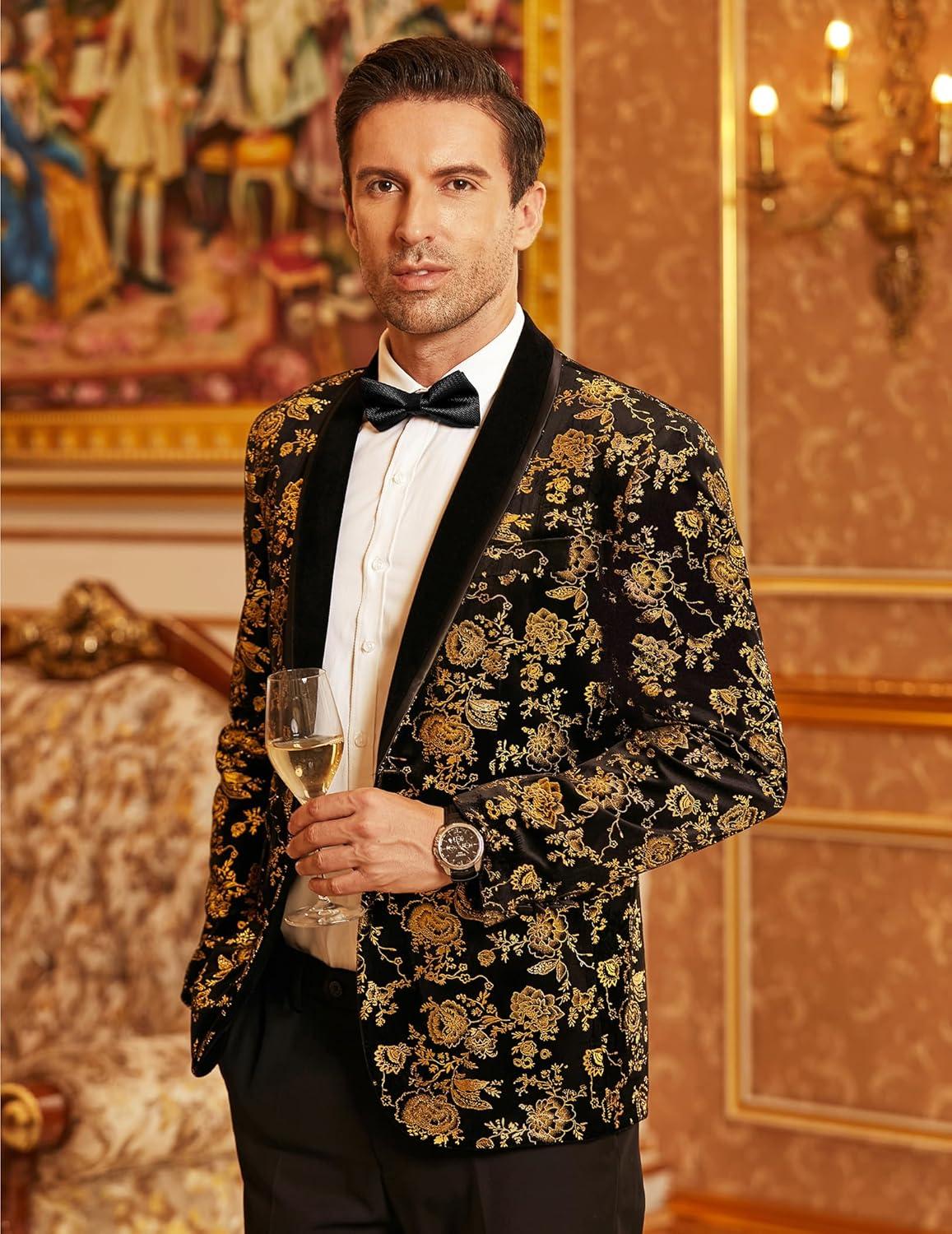 imageCOOFANDY Mens Velvet Tuxedo Floral Blazer Jacket One Button Shawl Lapel Suit Jacket for Dinner Prom Party WeddingGolden