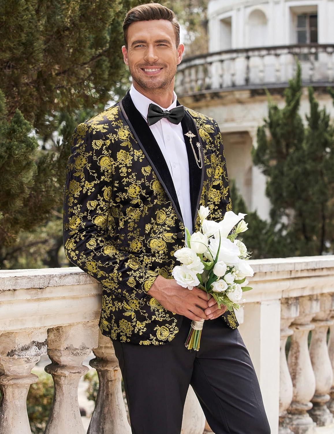 imageCOOFANDY Mens Velvet Tuxedo Floral Blazer Jacket One Button Shawl Lapel Suit Jacket for Dinner Prom Party WeddingGolden