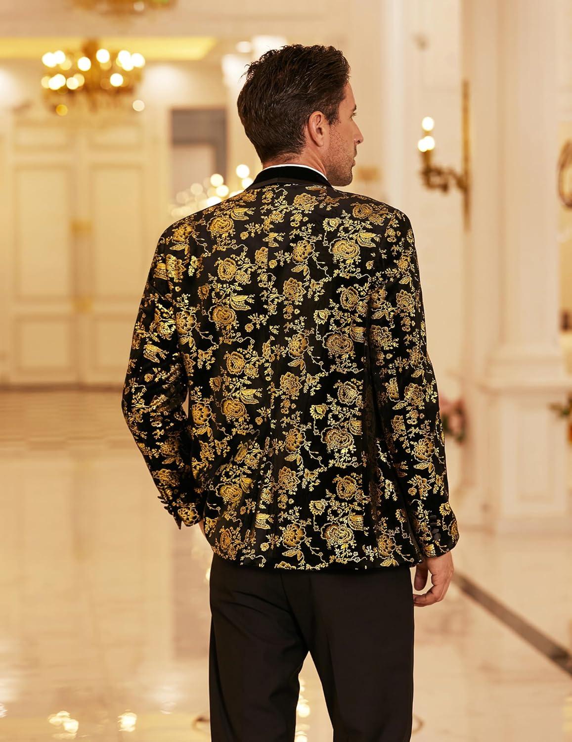 imageCOOFANDY Mens Velvet Tuxedo Floral Blazer Jacket One Button Shawl Lapel Suit Jacket for Dinner Prom Party WeddingGolden