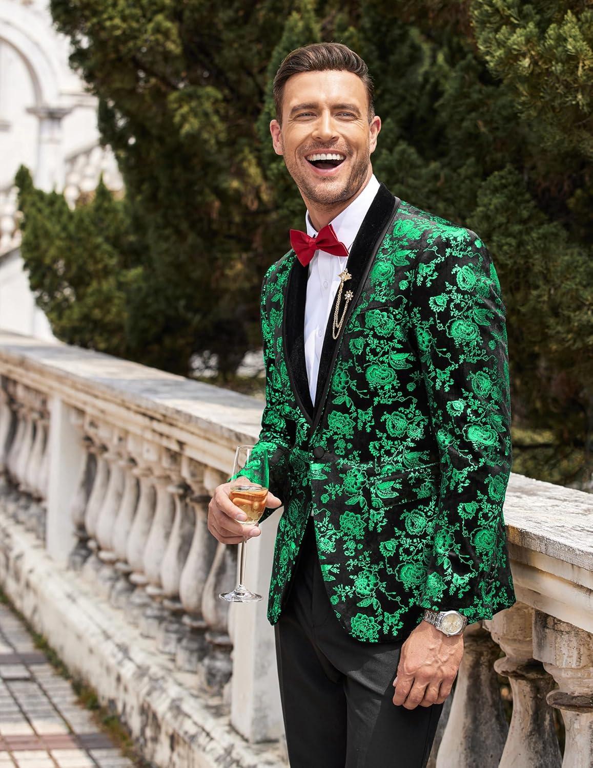 imageCOOFANDY Mens Velvet Tuxedo Floral Blazer Jacket One Button Shawl Lapel Suit Jacket for Dinner Prom Party WeddingGreen