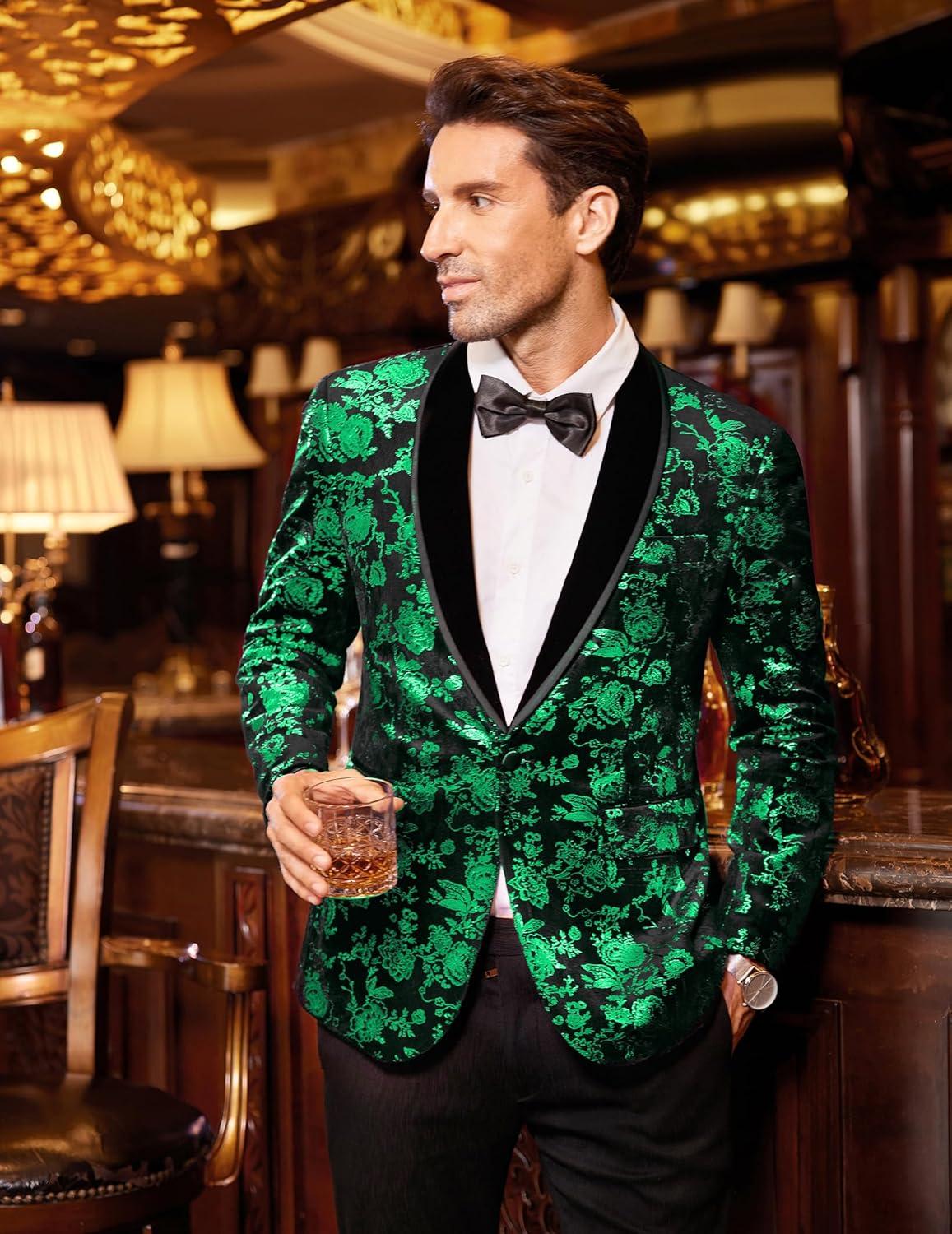 imageCOOFANDY Mens Velvet Tuxedo Floral Blazer Jacket One Button Shawl Lapel Suit Jacket for Dinner Prom Party WeddingGreen