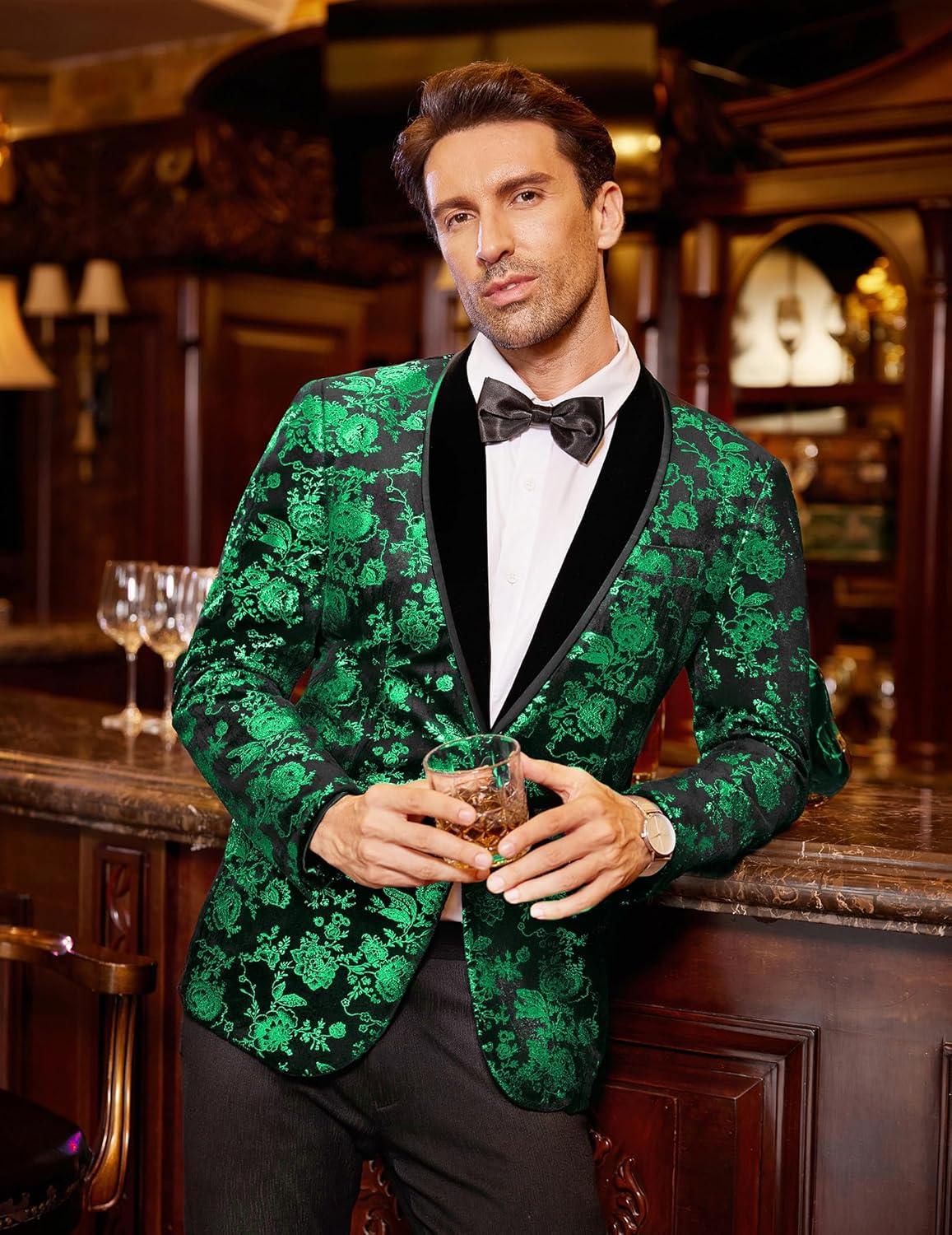 imageCOOFANDY Mens Velvet Tuxedo Floral Blazer Jacket One Button Shawl Lapel Suit Jacket for Dinner Prom Party WeddingGreen