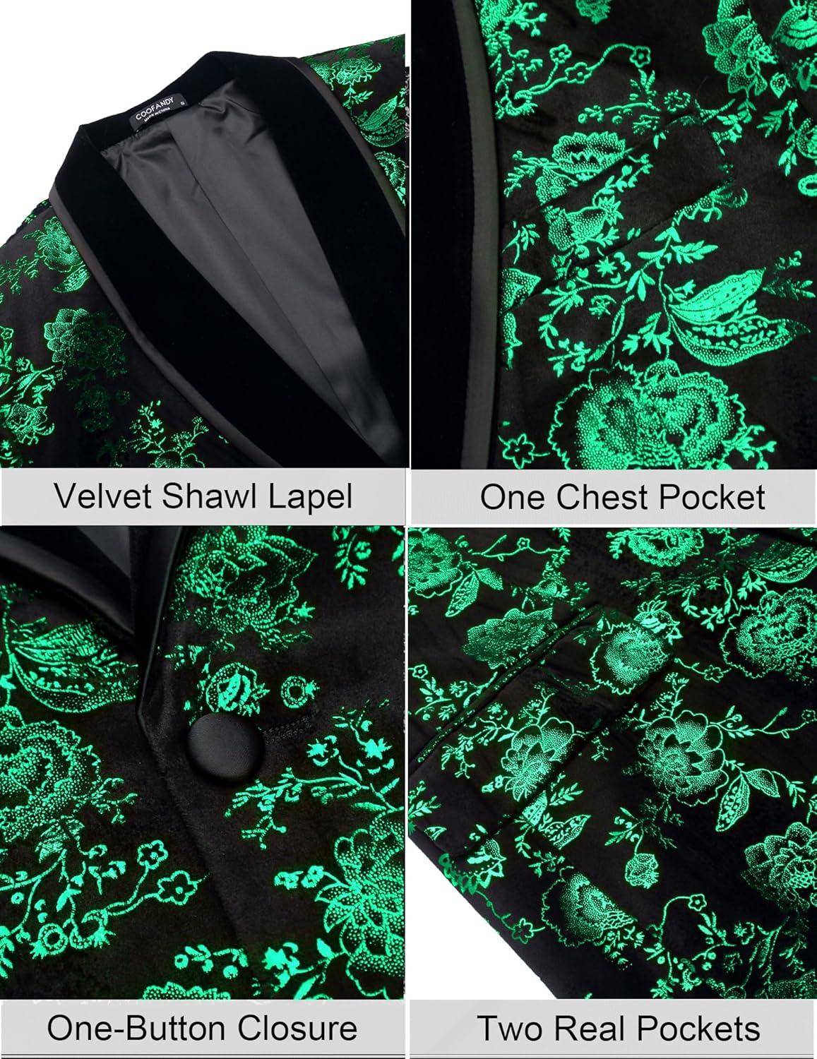 imageCOOFANDY Mens Velvet Tuxedo Floral Blazer Jacket One Button Shawl Lapel Suit Jacket for Dinner Prom Party WeddingGreen