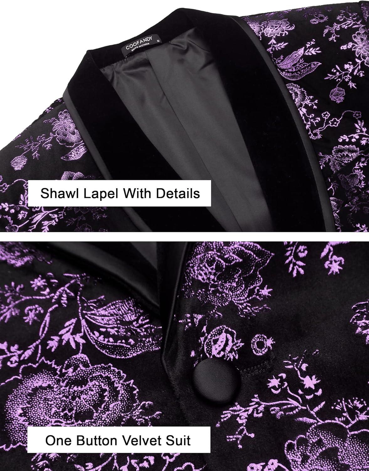 imageCOOFANDY Mens Velvet Tuxedo Floral Blazer Jacket One Button Shawl Lapel Suit Jacket for Dinner Prom Party WeddingPurple