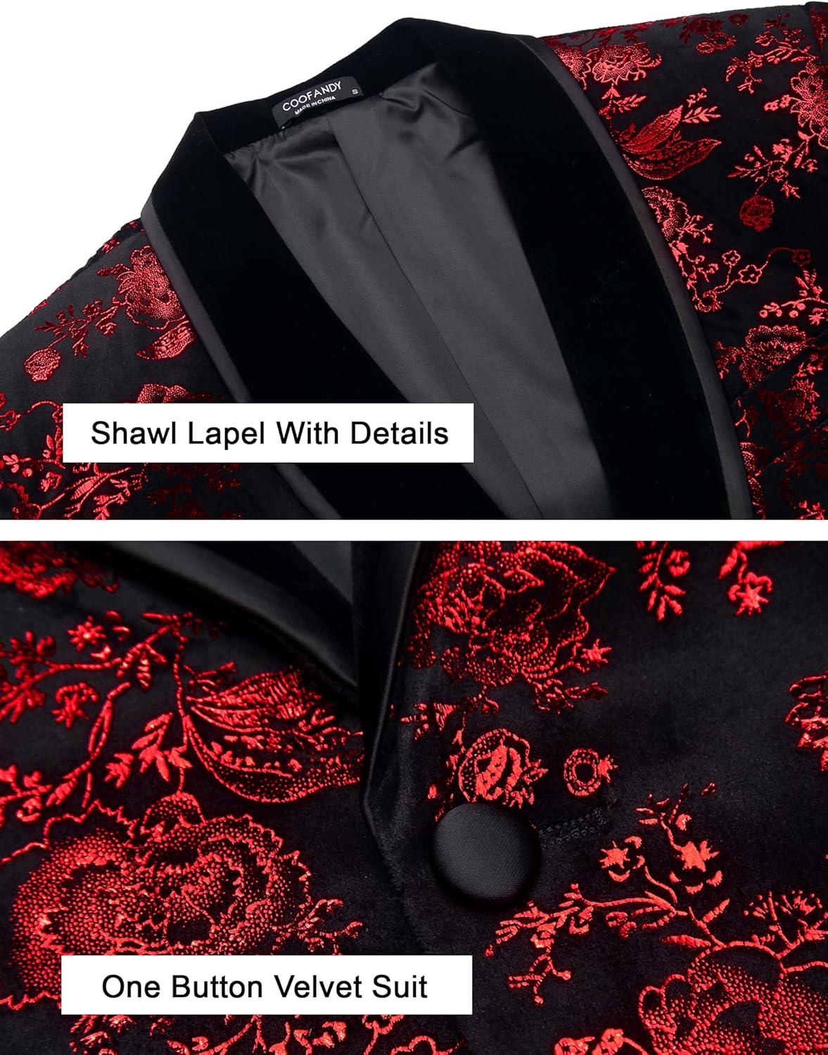 imageCOOFANDY Mens Velvet Tuxedo Floral Blazer Jacket One Button Shawl Lapel Suit Jacket for Dinner Prom Party WeddingRed