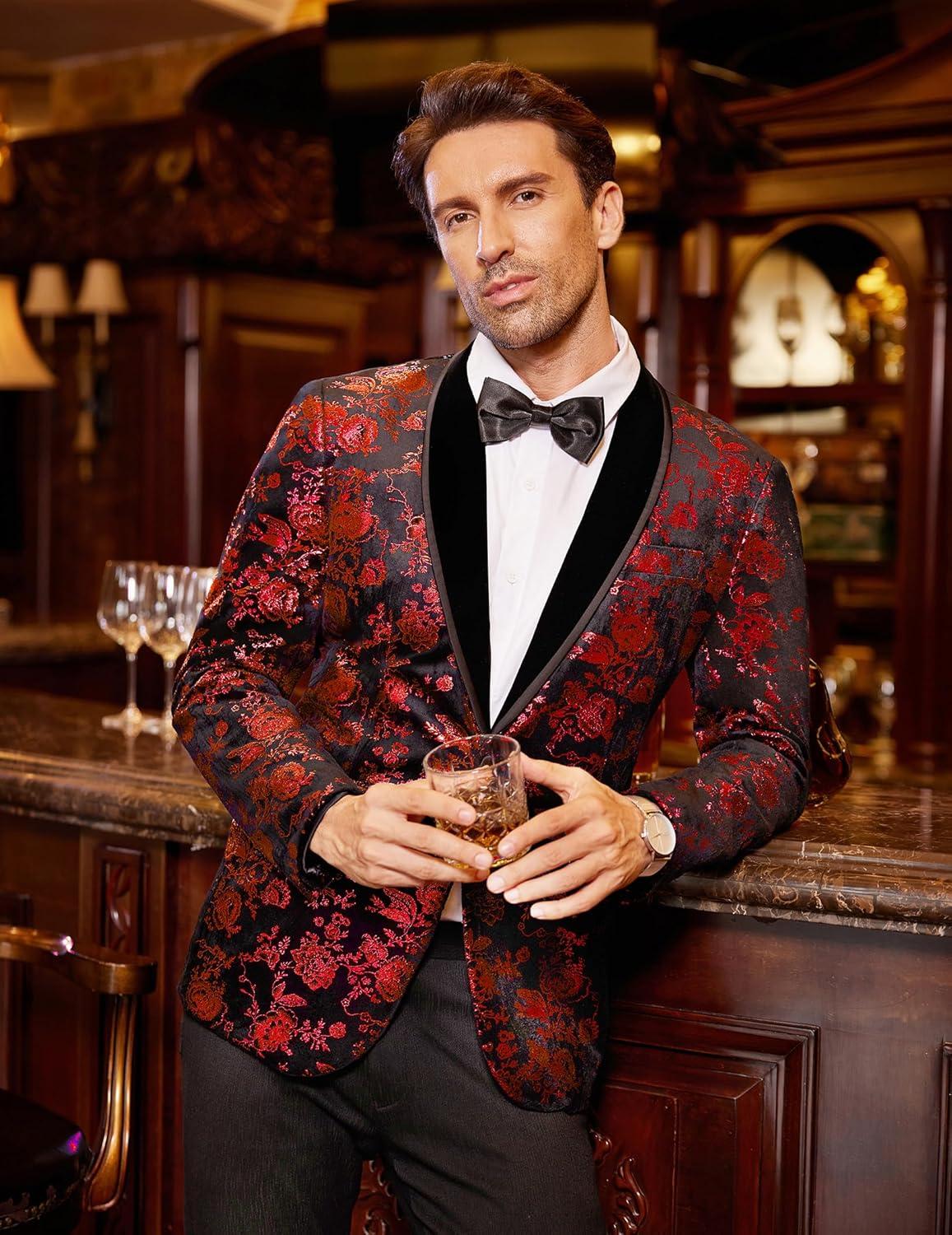 imageCOOFANDY Mens Velvet Tuxedo Floral Blazer Jacket One Button Shawl Lapel Suit Jacket for Dinner Prom Party WeddingRed