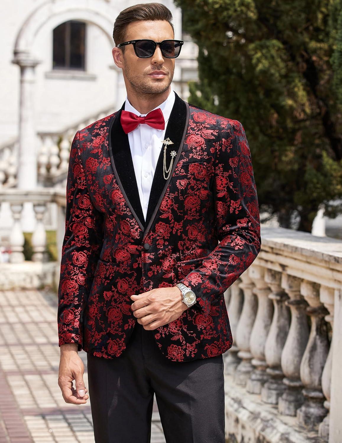 imageCOOFANDY Mens Velvet Tuxedo Floral Blazer Jacket One Button Shawl Lapel Suit Jacket for Dinner Prom Party WeddingRed