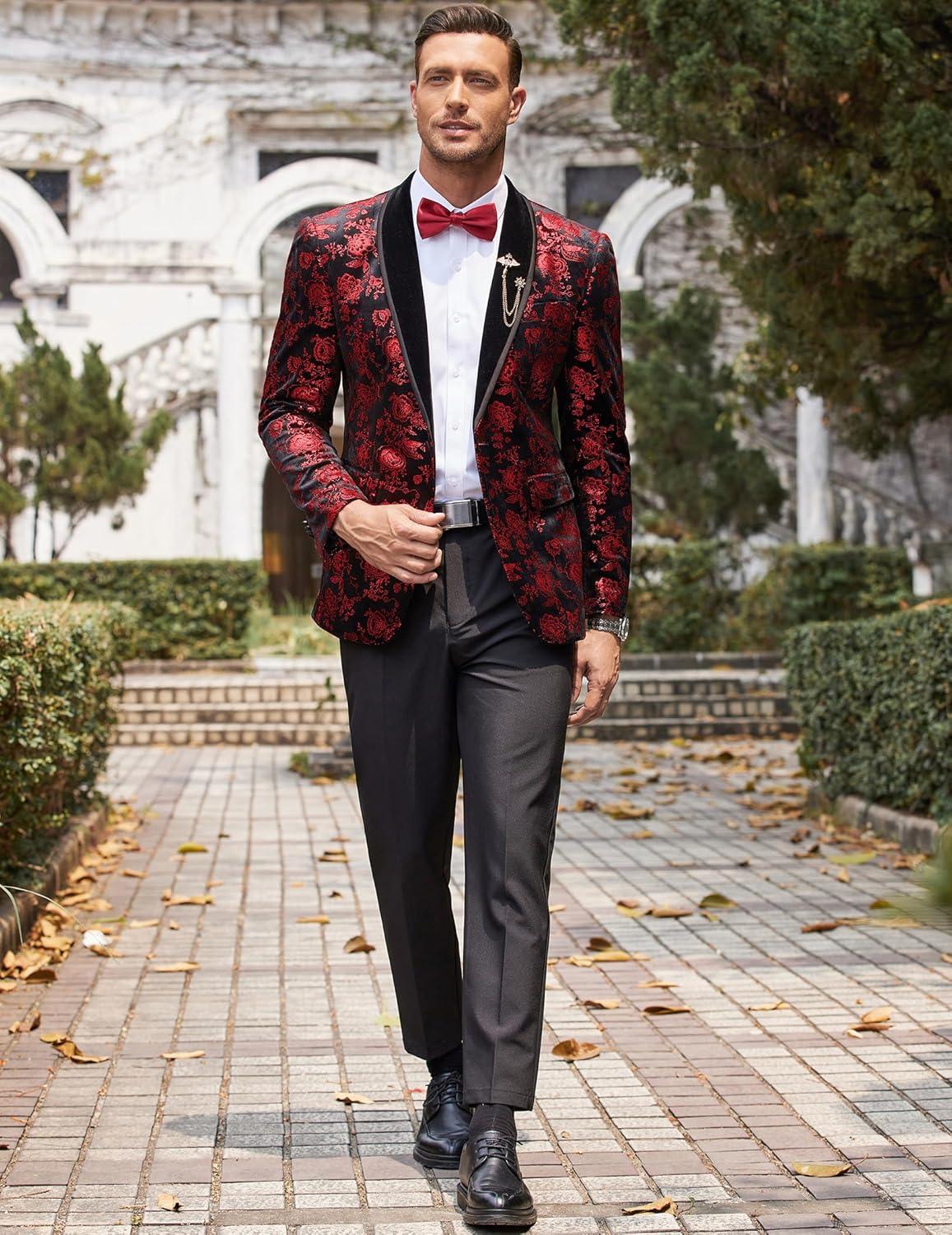imageCOOFANDY Mens Velvet Tuxedo Floral Blazer Jacket One Button Shawl Lapel Suit Jacket for Dinner Prom Party WeddingRed