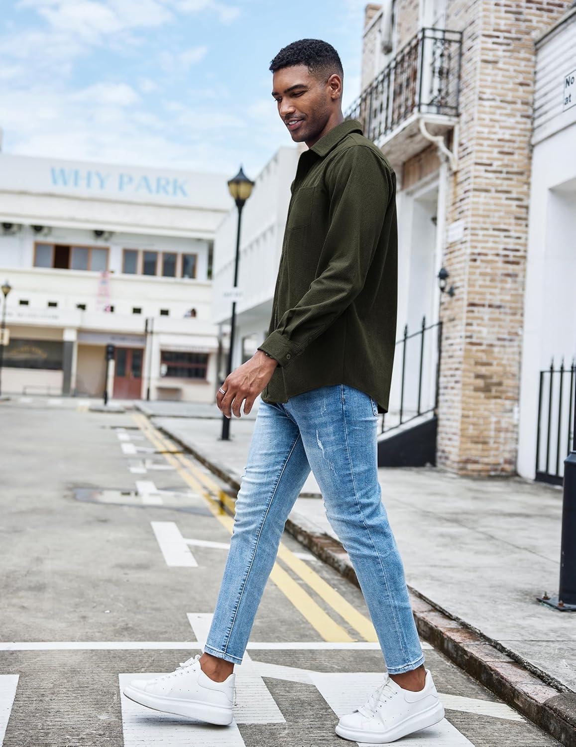 imageCOOFANDY Mens Waffle Button Down Shirts Casual Long Sleeve Shacket Jacket with PocketsArmy Green