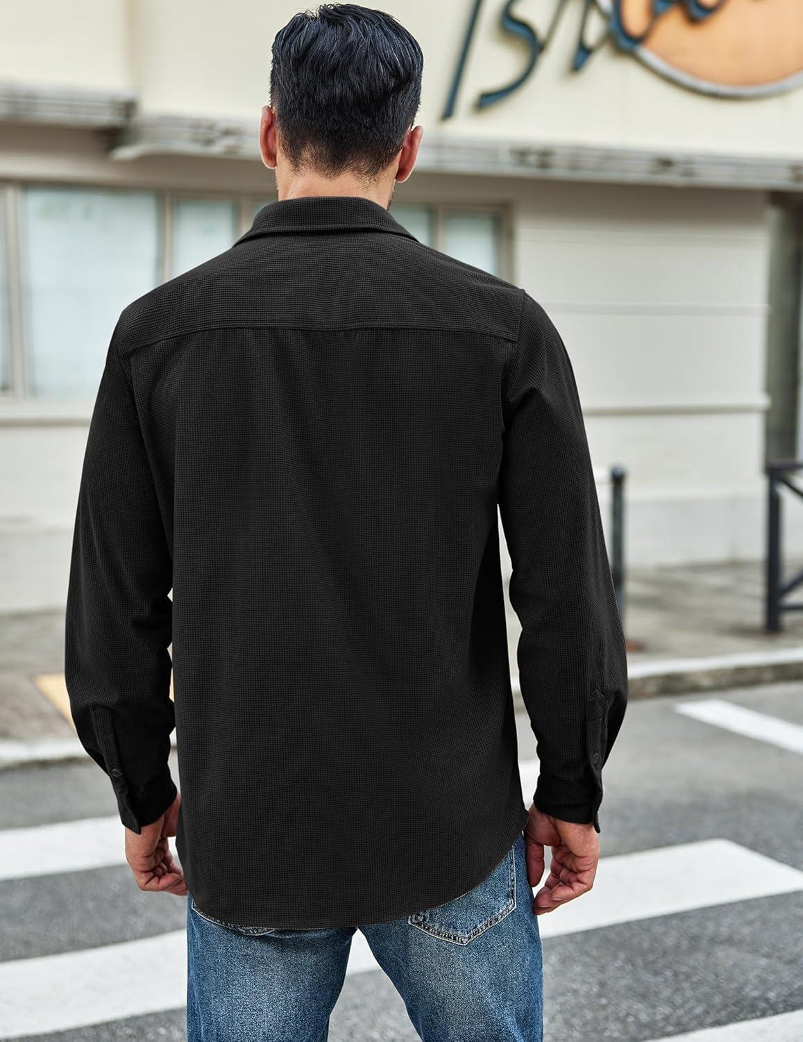 imageCOOFANDY Mens Waffle Button Down Shirts Casual Long Sleeve Shacket Jacket with PocketsBlack