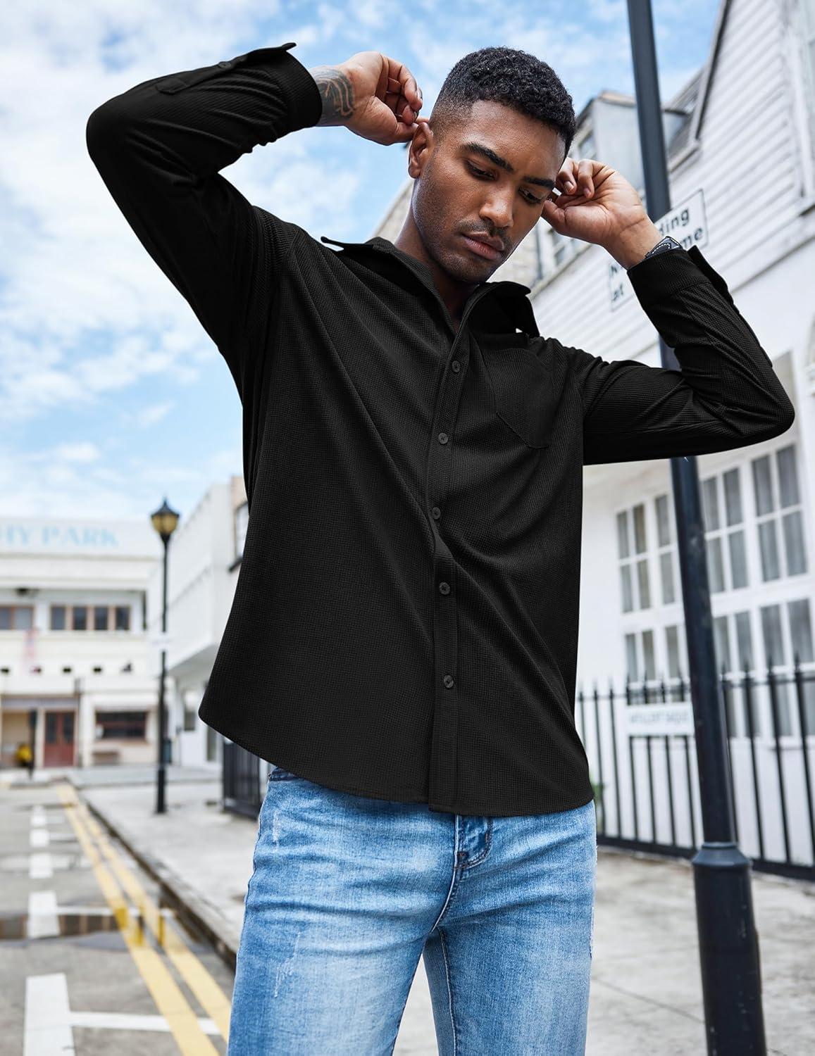 imageCOOFANDY Mens Waffle Button Down Shirts Casual Long Sleeve Shacket Jacket with PocketsBlack