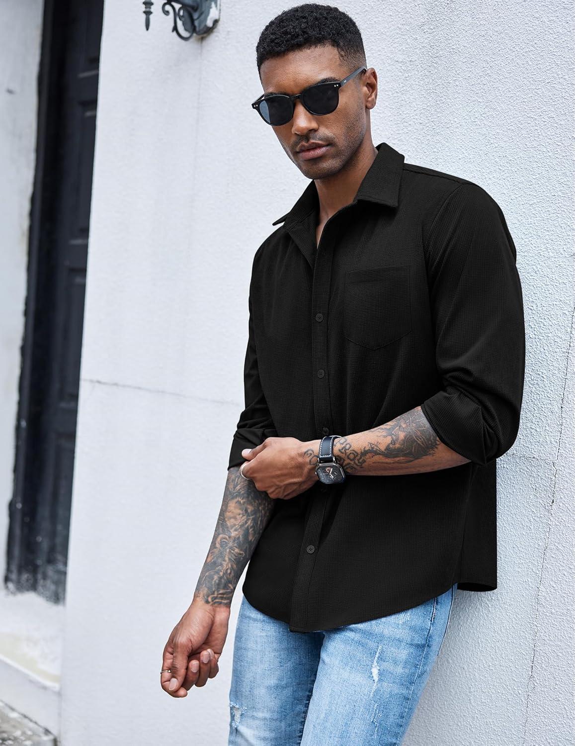 imageCOOFANDY Mens Waffle Button Down Shirts Casual Long Sleeve Shacket Jacket with PocketsBlack