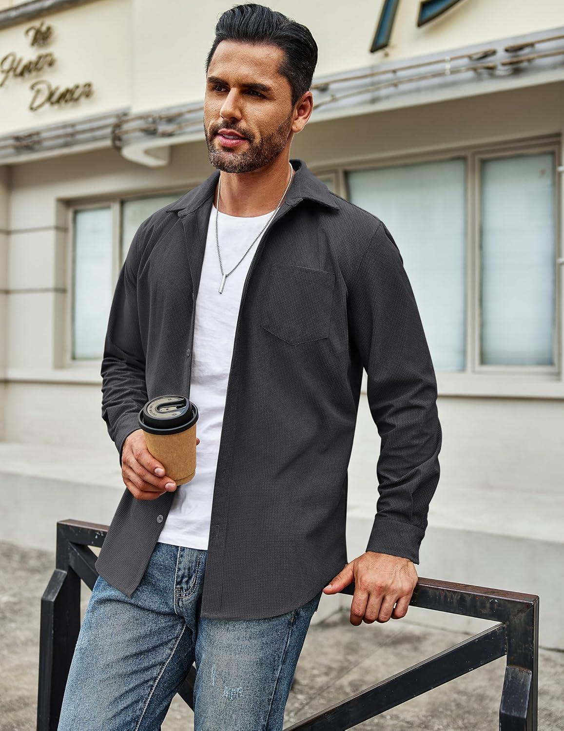imageCOOFANDY Mens Waffle Button Down Shirts Casual Long Sleeve Shacket Jacket with PocketsDark Gray