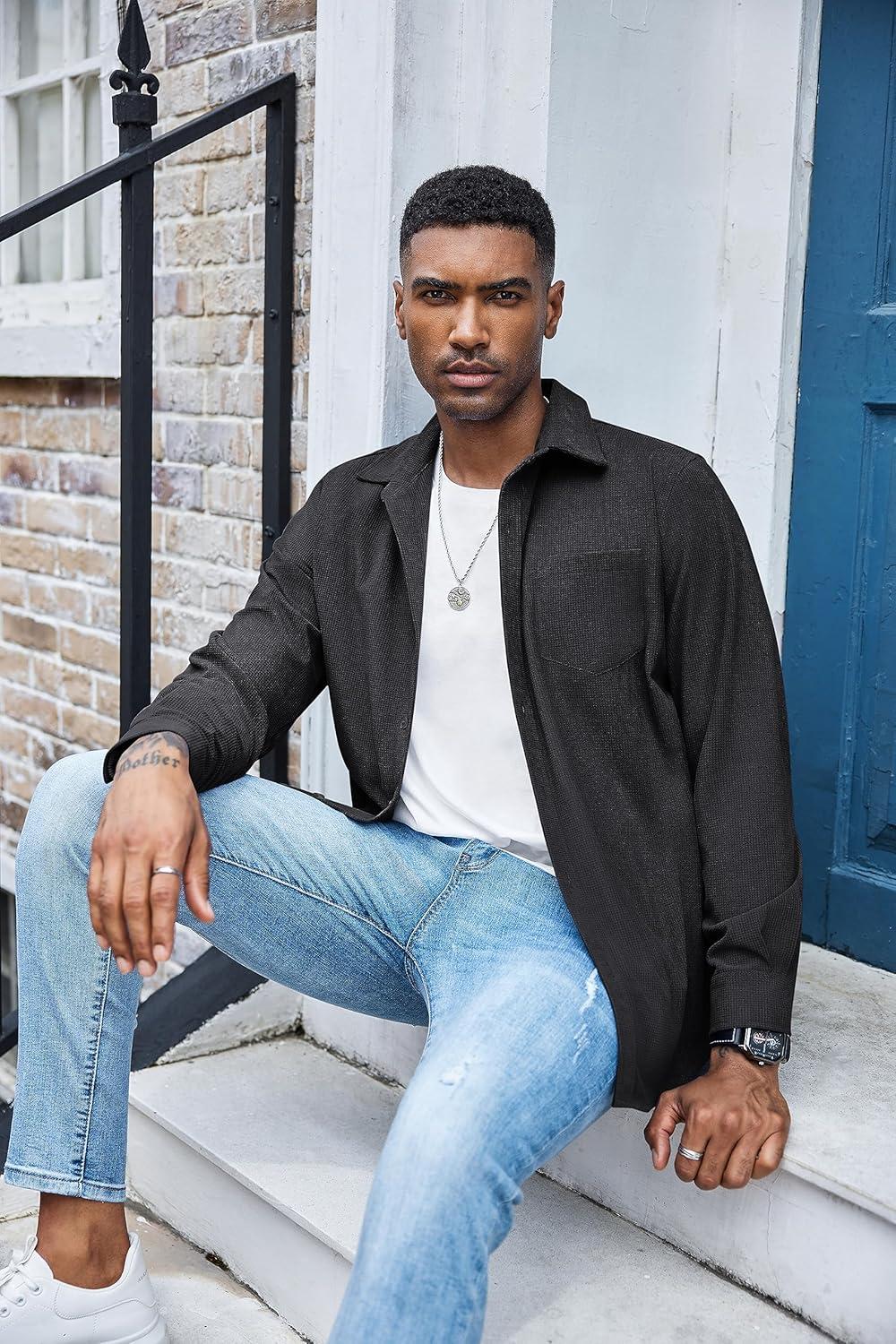 imageCOOFANDY Mens Waffle Button Down Shirts Casual Long Sleeve Shacket Jacket with PocketsDark Gray