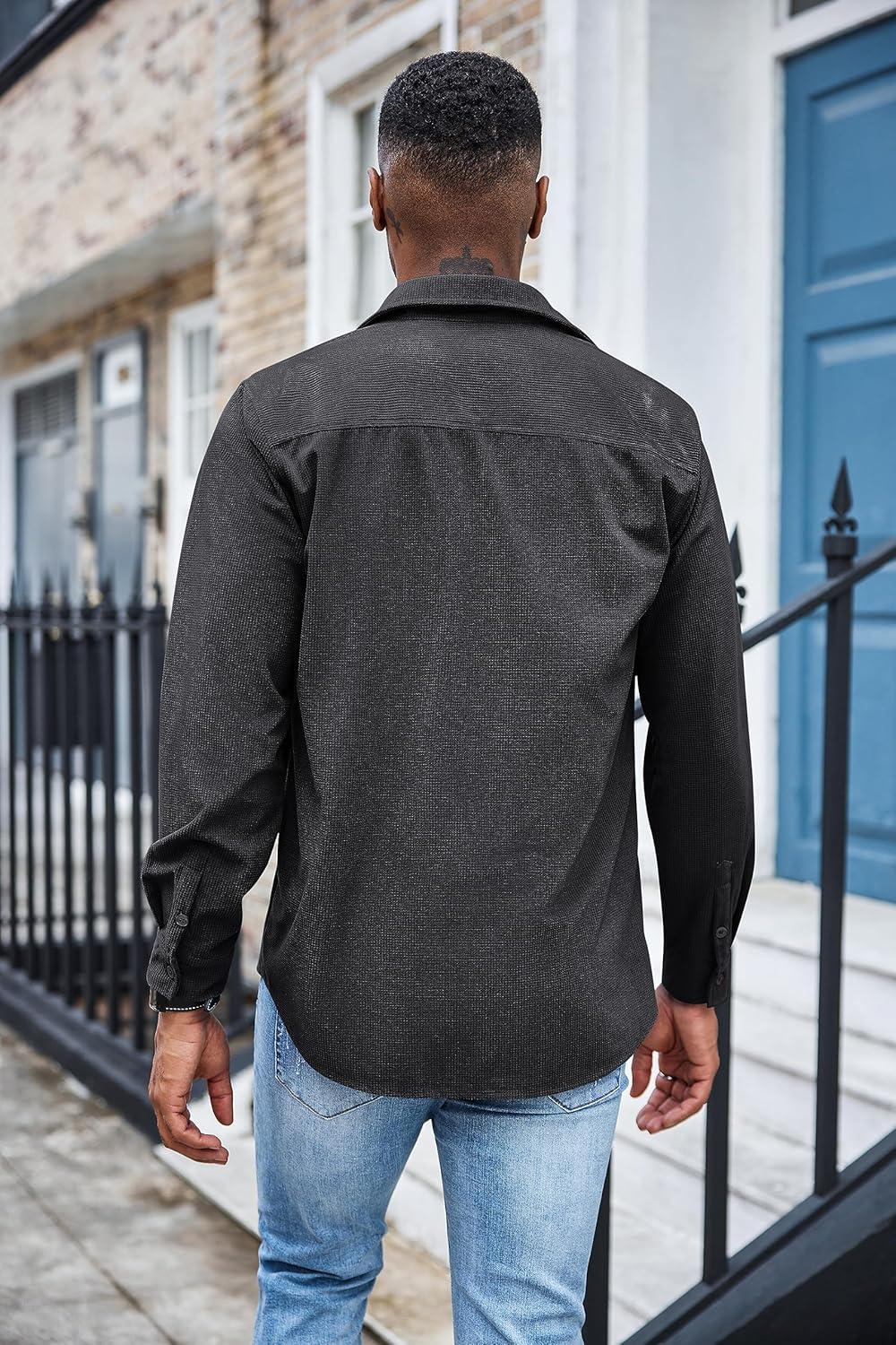 imageCOOFANDY Mens Waffle Button Down Shirts Casual Long Sleeve Shacket Jacket with PocketsDark Gray