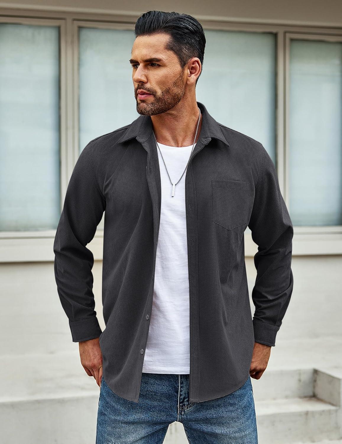 imageCOOFANDY Mens Waffle Button Down Shirts Casual Long Sleeve Shacket Jacket with PocketsDark Gray