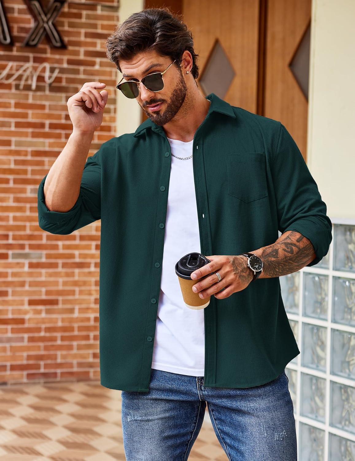 imageCOOFANDY Mens Waffle Button Down Shirts Casual Long Sleeve Shacket Jacket with PocketsDark Green