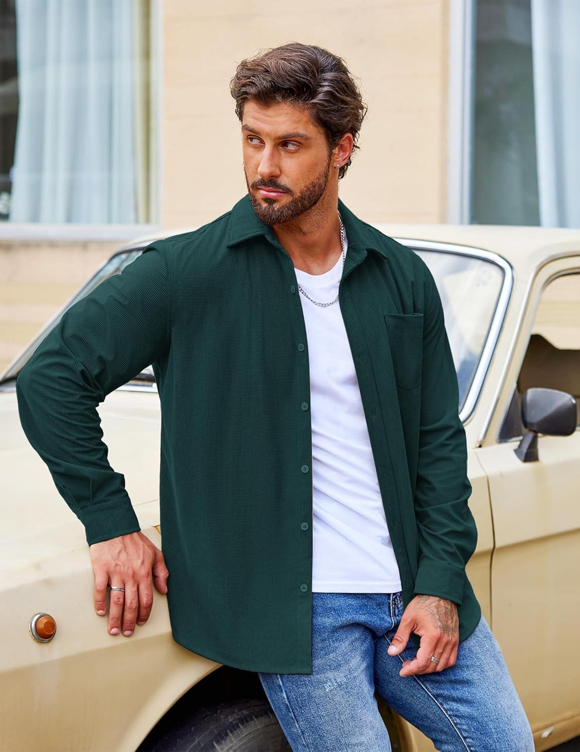 imageCOOFANDY Mens Waffle Button Down Shirts Casual Long Sleeve Shacket Jacket with PocketsDark Green