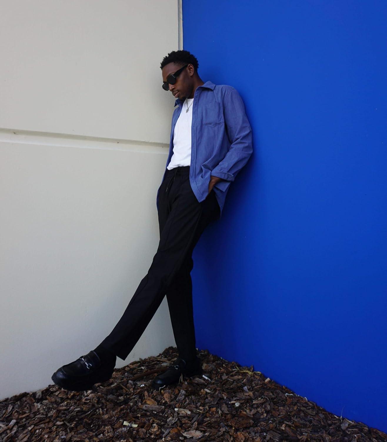 imageCOOFANDY Mens Waffle Button Down Shirts Casual Long Sleeve Shacket Jacket with PocketsDenim Blue