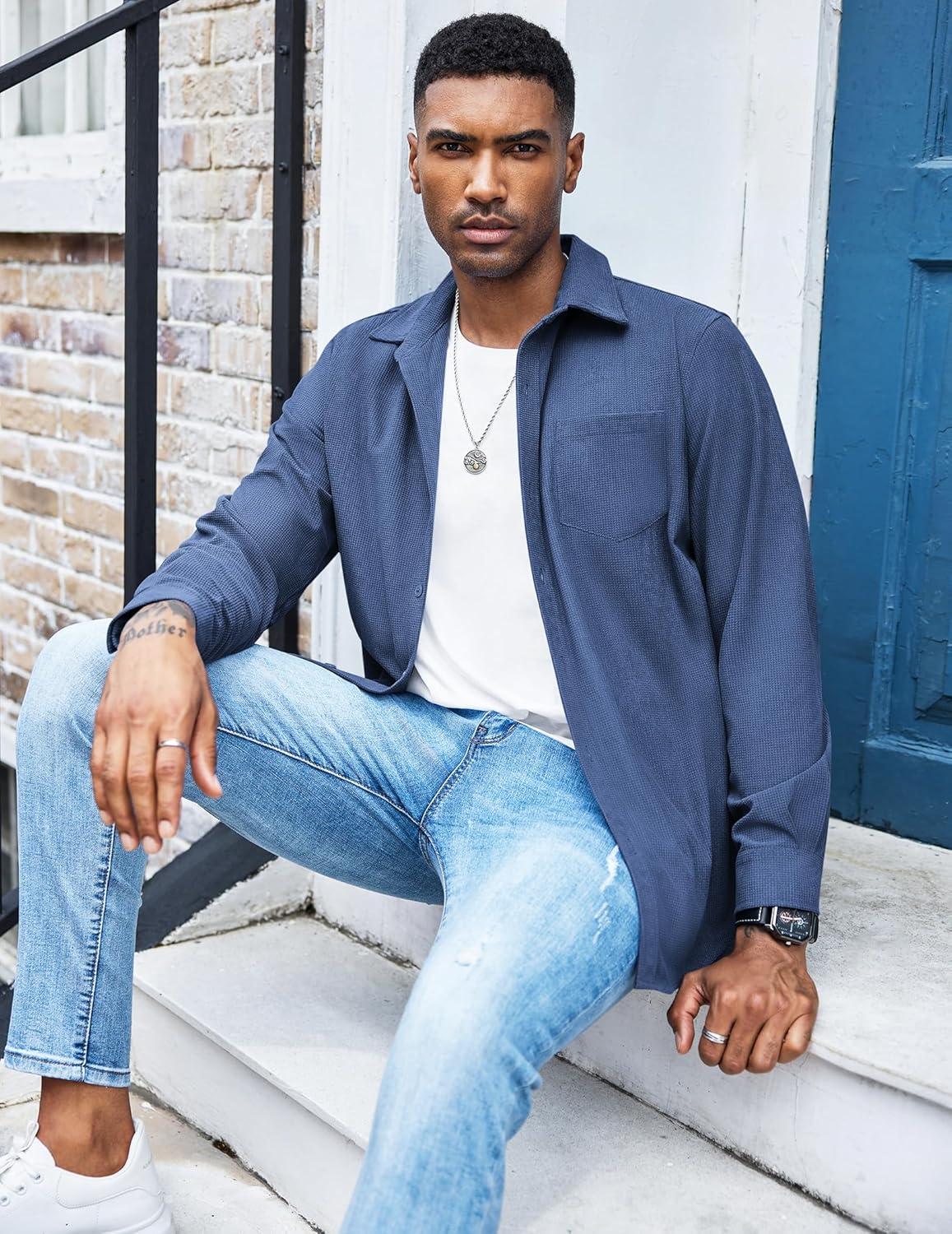 imageCOOFANDY Mens Waffle Button Down Shirts Casual Long Sleeve Shacket Jacket with PocketsDenim Blue