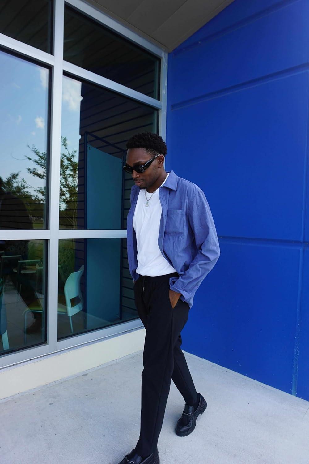 imageCOOFANDY Mens Waffle Button Down Shirts Casual Long Sleeve Shacket Jacket with PocketsDenim Blue