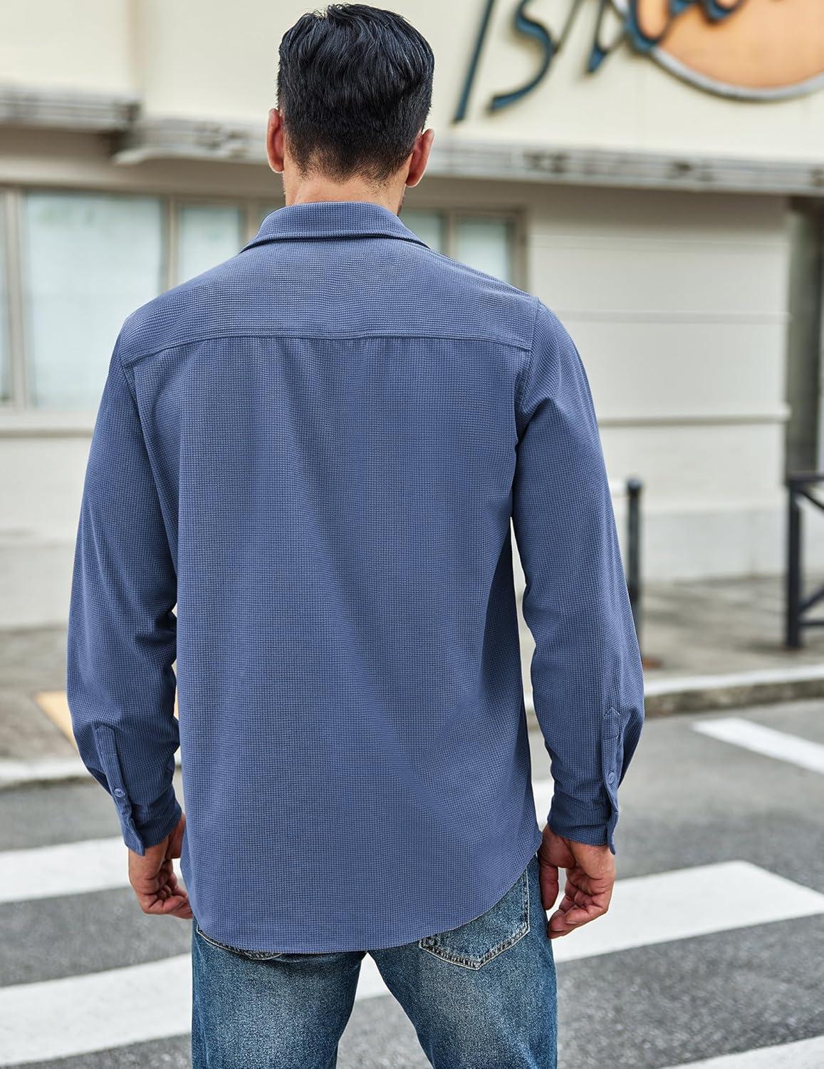 imageCOOFANDY Mens Waffle Button Down Shirts Casual Long Sleeve Shacket Jacket with PocketsDenim Blue