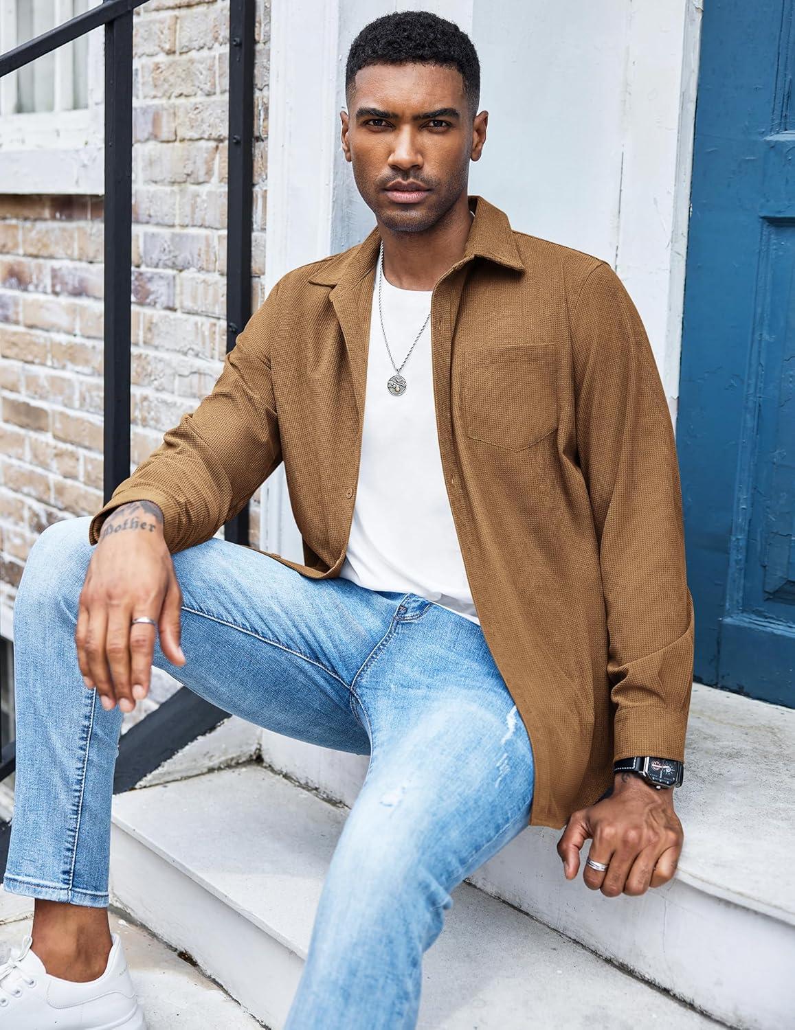 imageCOOFANDY Mens Waffle Button Down Shirts Casual Long Sleeve Shacket Jacket with PocketsKhaki