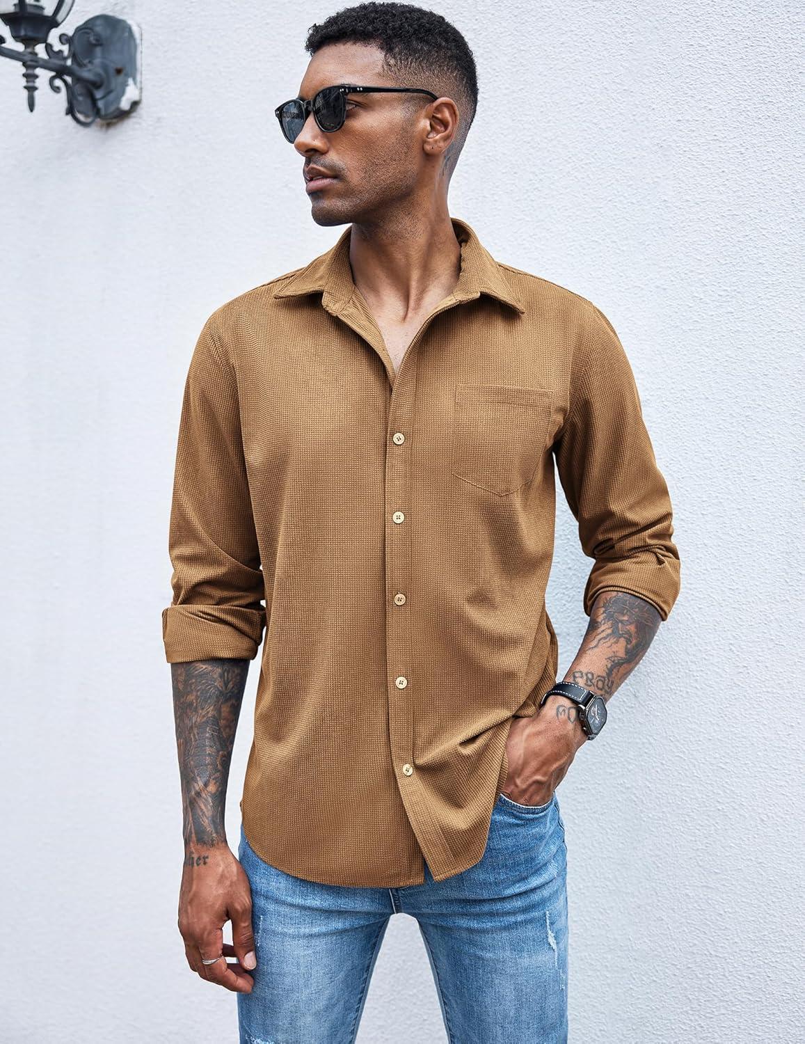 imageCOOFANDY Mens Waffle Button Down Shirts Casual Long Sleeve Shacket Jacket with PocketsKhaki