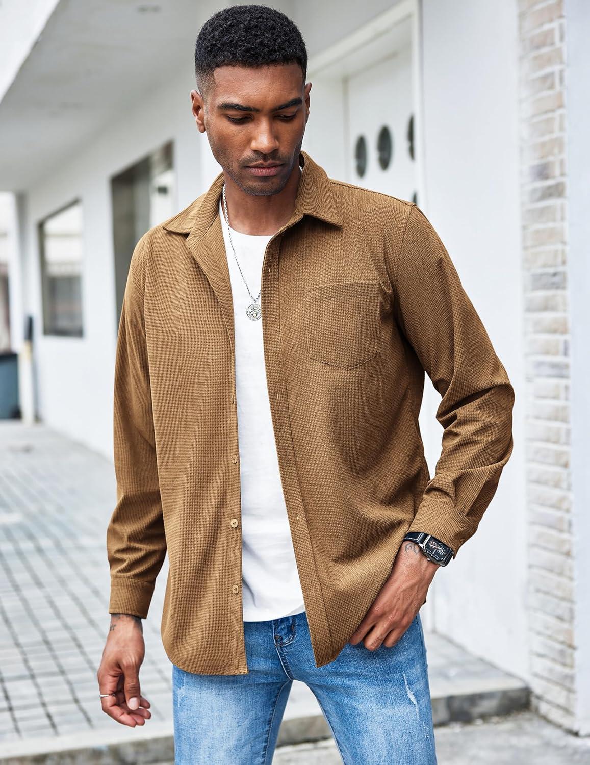 imageCOOFANDY Mens Waffle Button Down Shirts Casual Long Sleeve Shacket Jacket with PocketsKhaki