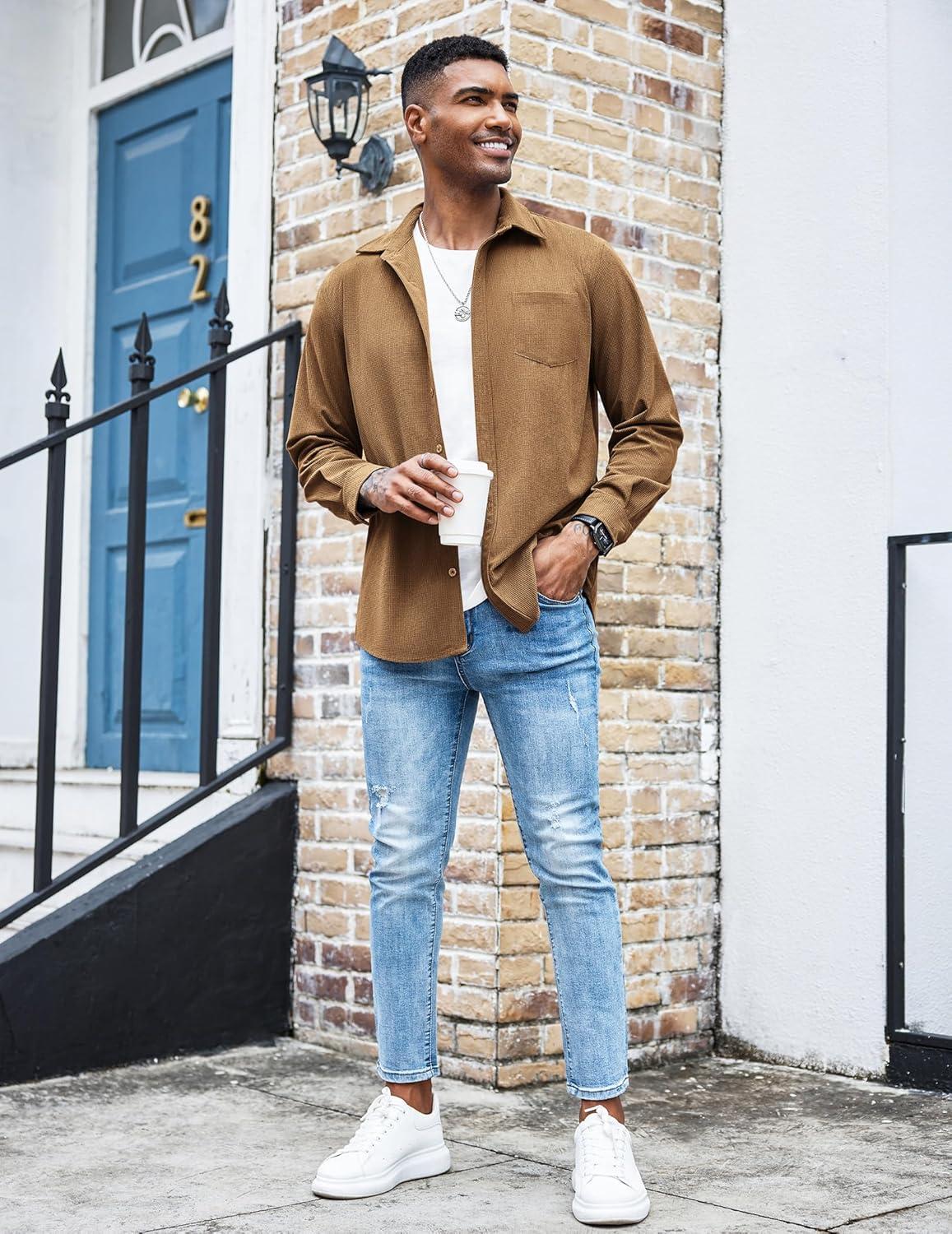 imageCOOFANDY Mens Waffle Button Down Shirts Casual Long Sleeve Shacket Jacket with PocketsKhaki