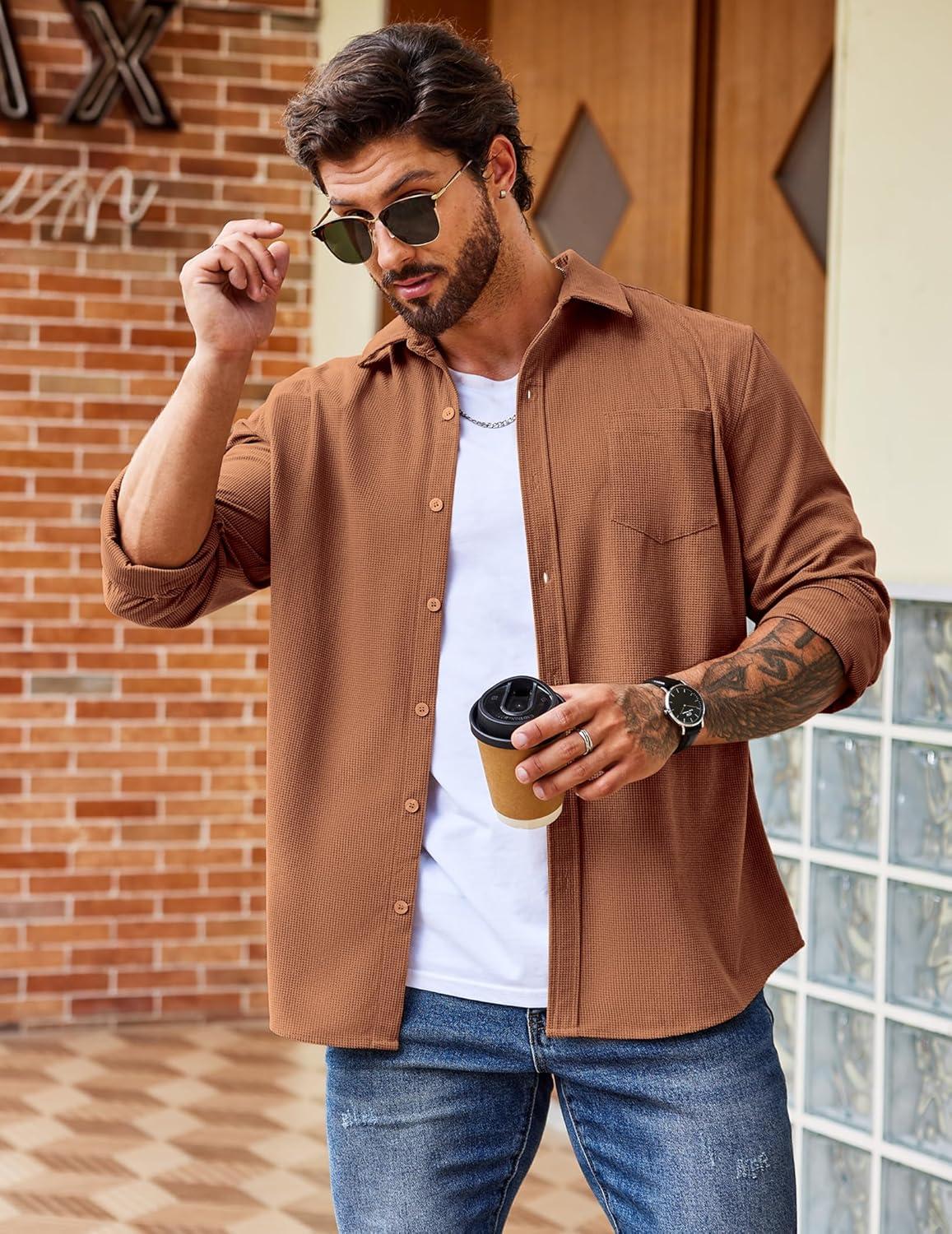imageCOOFANDY Mens Waffle Button Down Shirts Casual Long Sleeve Shacket Jacket with PocketsLight Brown
