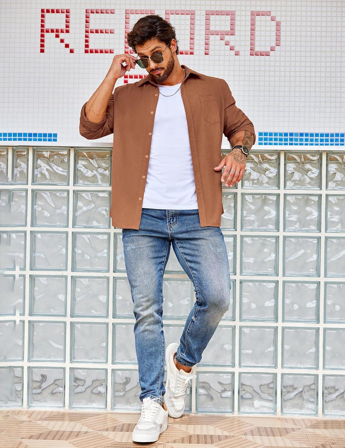 imageCOOFANDY Mens Waffle Button Down Shirts Casual Long Sleeve Shacket Jacket with PocketsLight Brown