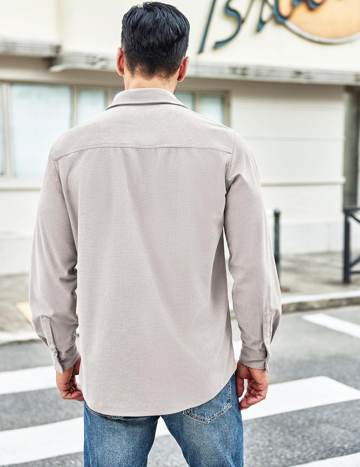 imageCOOFANDY Mens Waffle Button Down Shirts Casual Long Sleeve Shacket Jacket with PocketsLight Gray