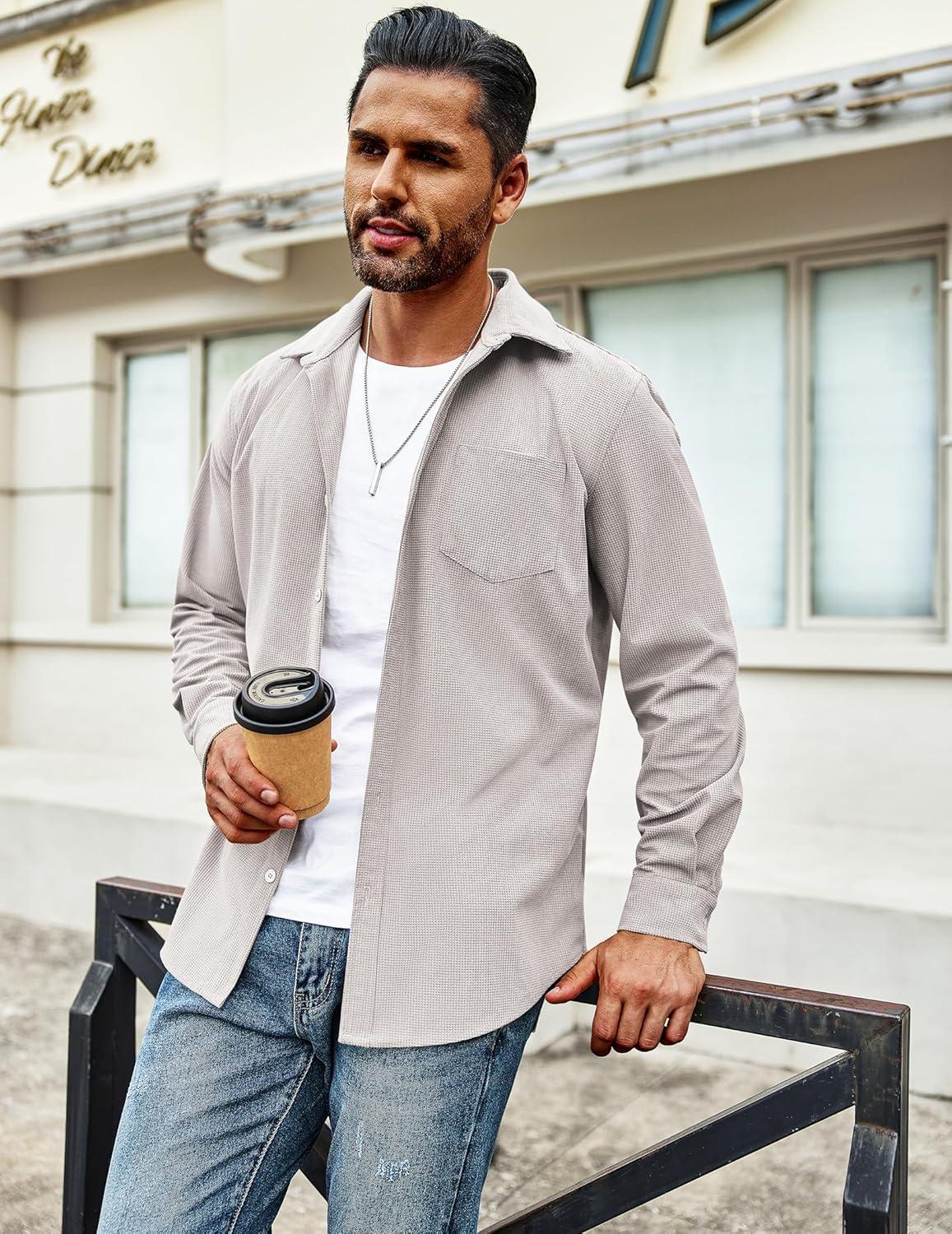 imageCOOFANDY Mens Waffle Button Down Shirts Casual Long Sleeve Shacket Jacket with PocketsLight Gray
