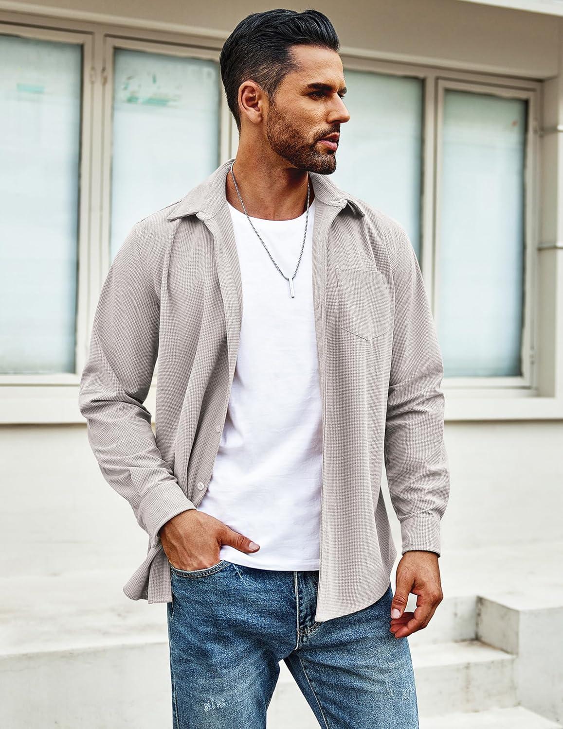 imageCOOFANDY Mens Waffle Button Down Shirts Casual Long Sleeve Shacket Jacket with PocketsLight Gray