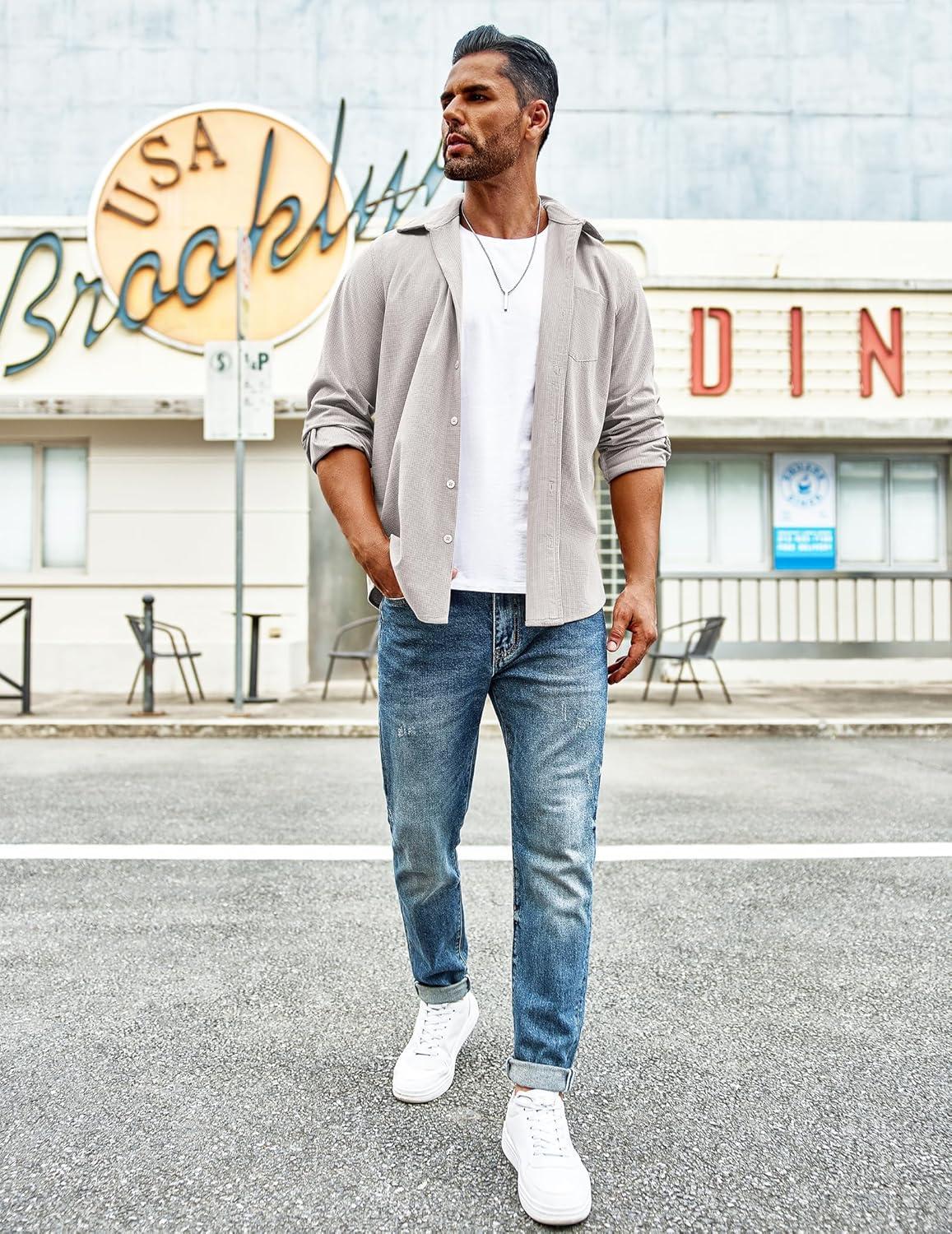 imageCOOFANDY Mens Waffle Button Down Shirts Casual Long Sleeve Shacket Jacket with PocketsLight Gray