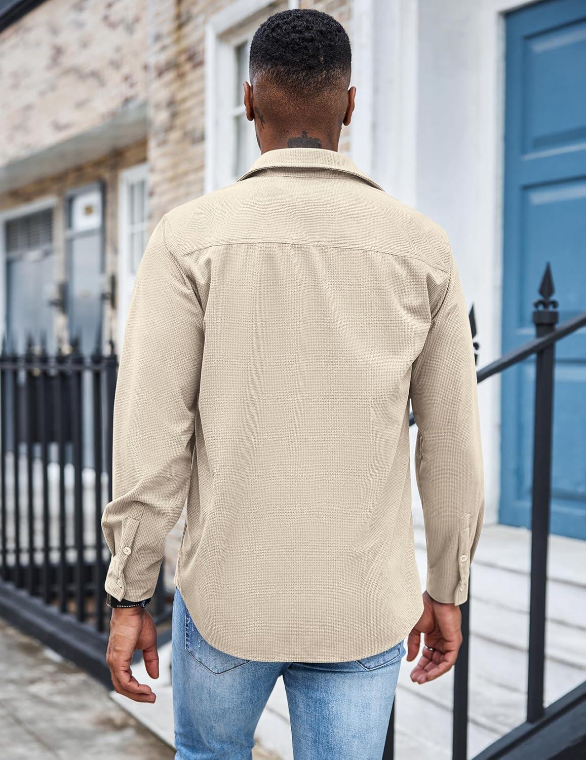 imageCOOFANDY Mens Waffle Button Down Shirts Casual Long Sleeve Shacket Jacket with PocketsLight Khaki